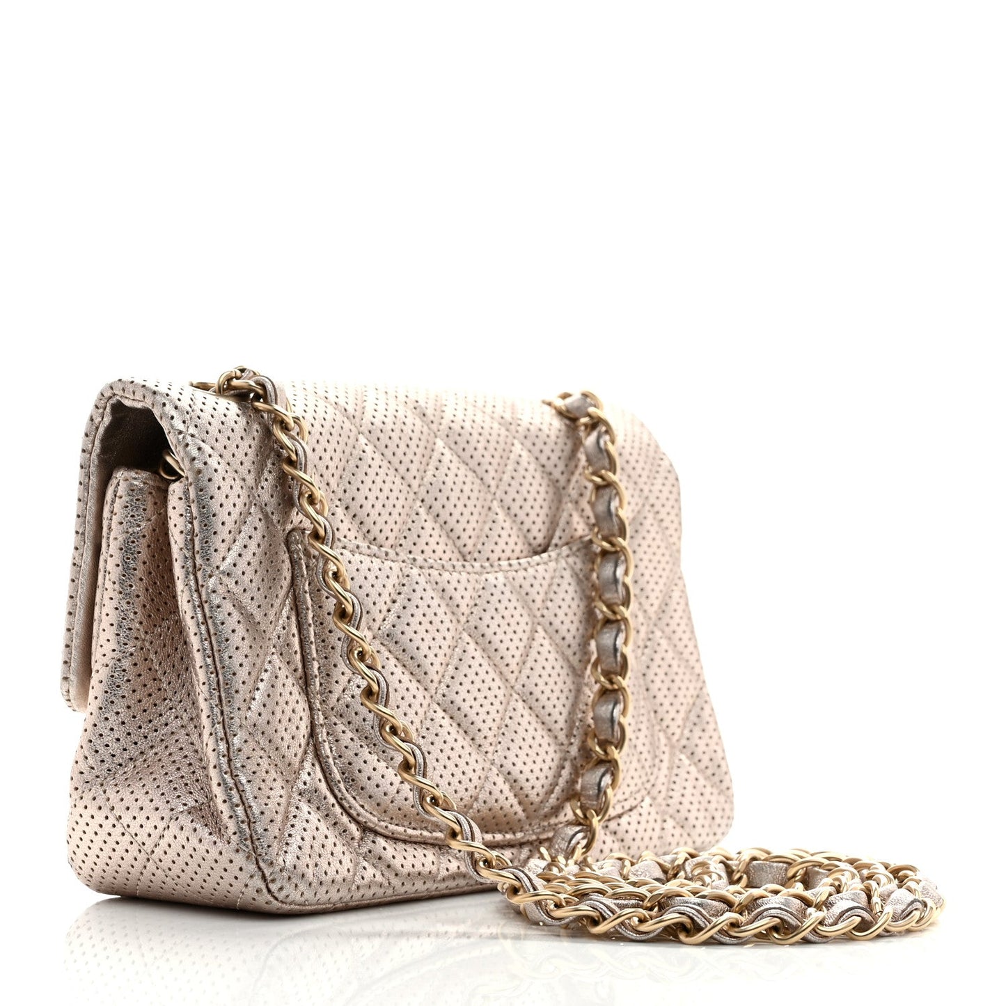 Chanel Metallic Lambskin Perforated Mini Rectangular Flap Light Gold