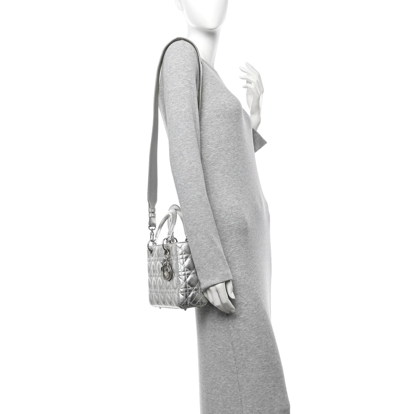 Christian Dior Metallic Grained Calfskin Cannage Small Lucky Badges My Lady Dior Silver