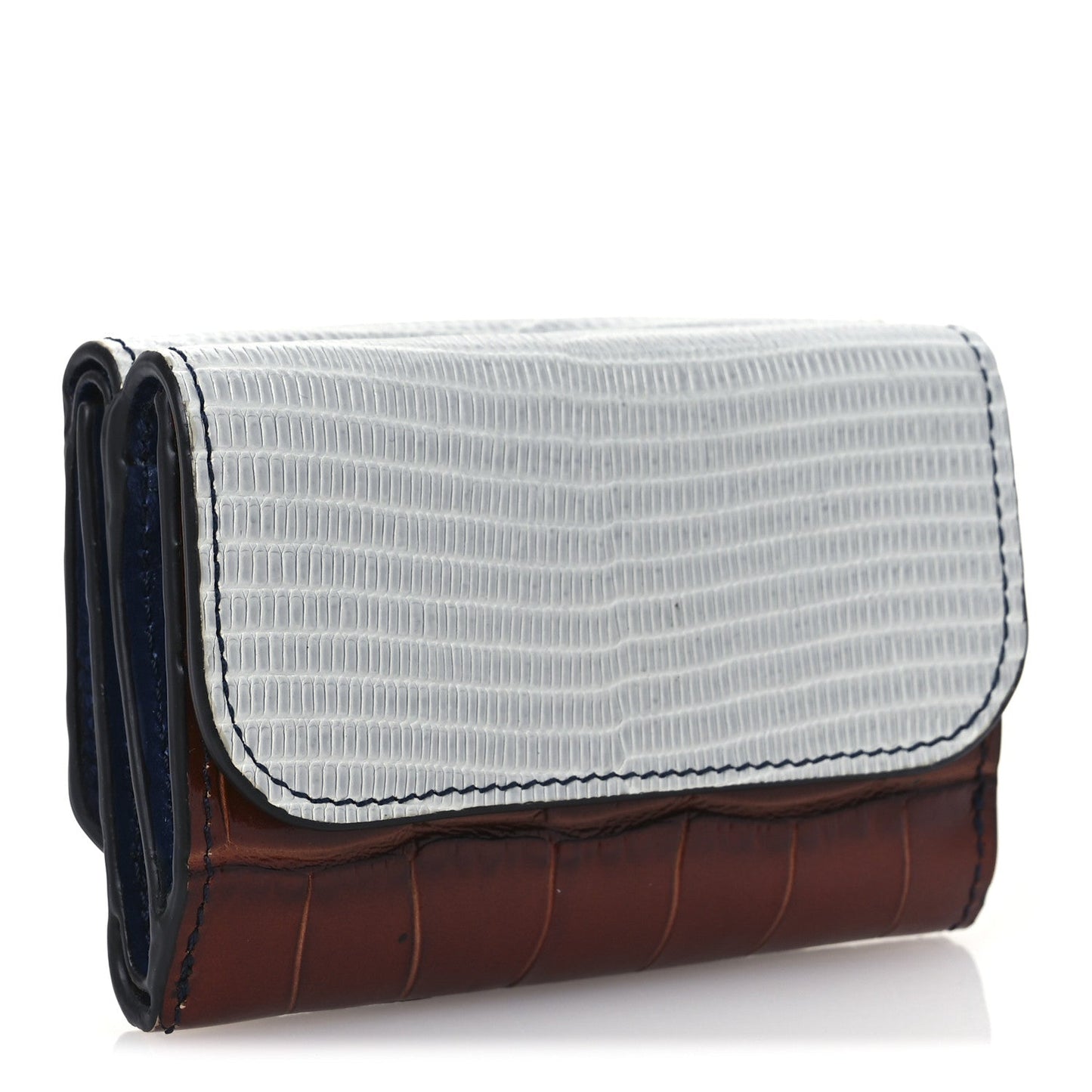 Chloe Lizard Crocodile Embossed Shiny Calfskin Small C Tri-Fold Wallet Chestnut Brown Blue Chestnut Brown Blue