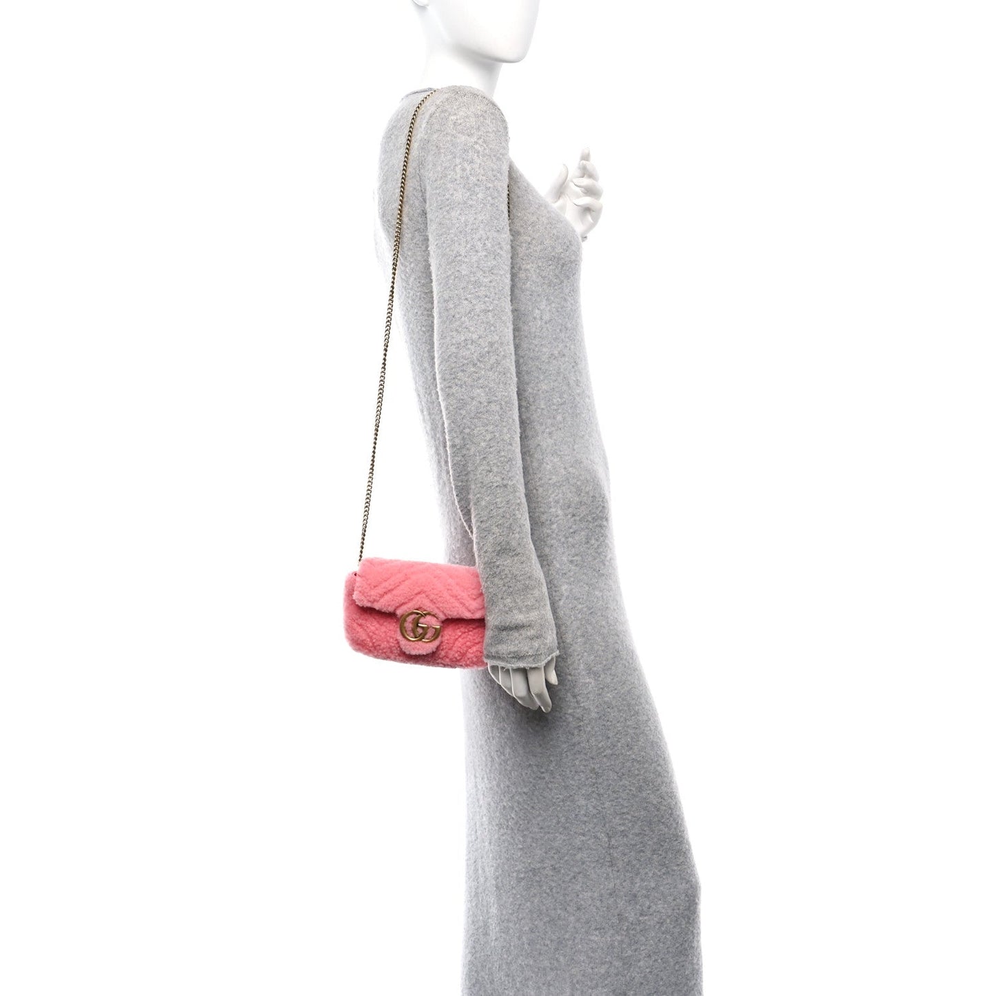 Gucci Shearling Matelasse Super Mini GG Marmont Shoulder Bag Lotus Pink