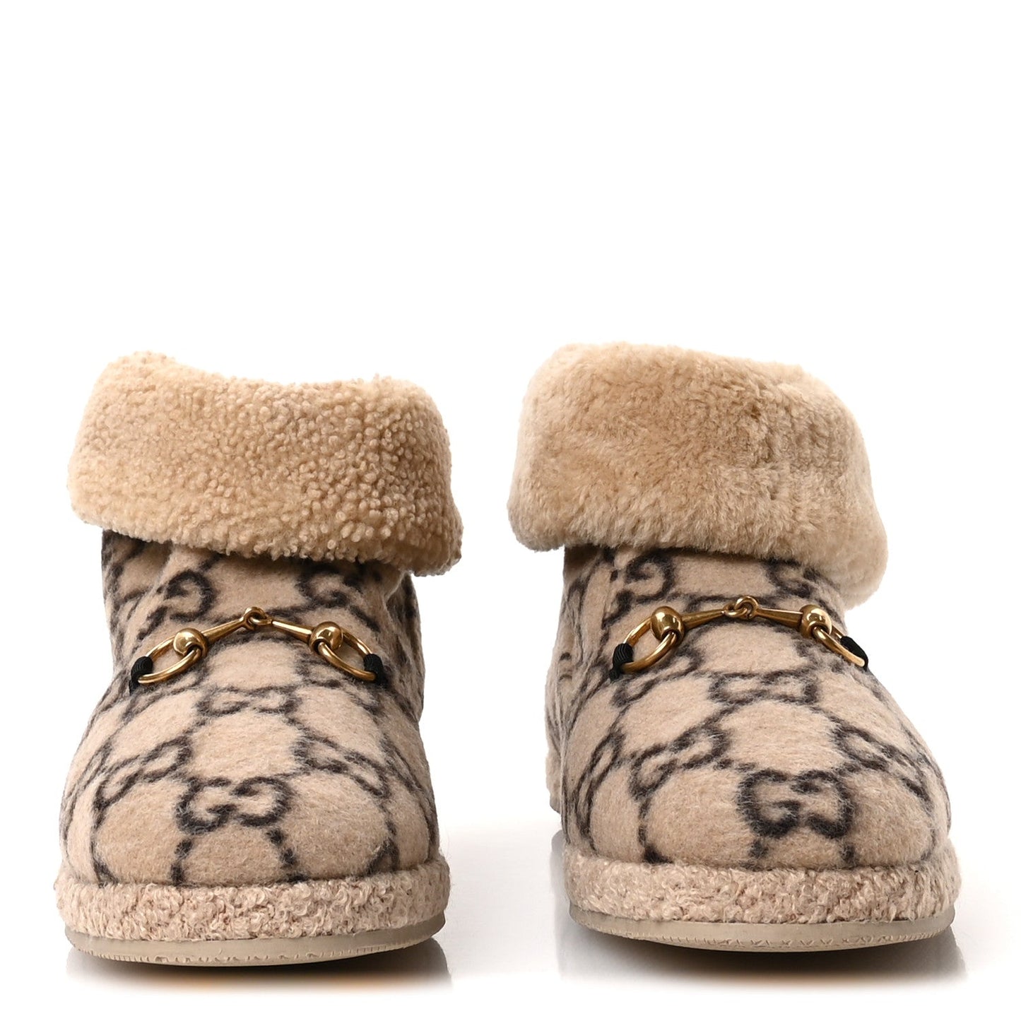 Gucci Covered Wool GG Monogram Mens Fria Horsebit Ankle Boots 9 Beige Ebony Butterscotch