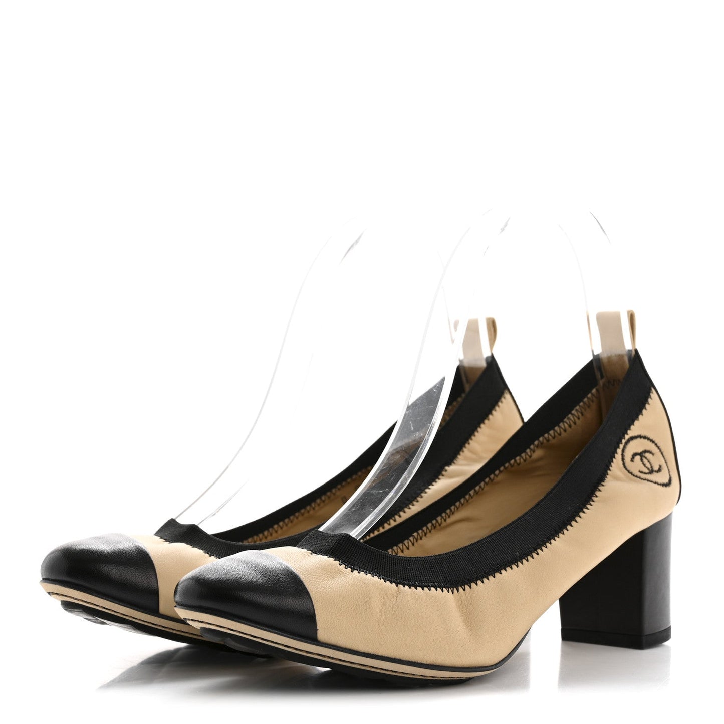 Chanel Lambskin CC Elastic Stretch Pumps 38 Beige Black