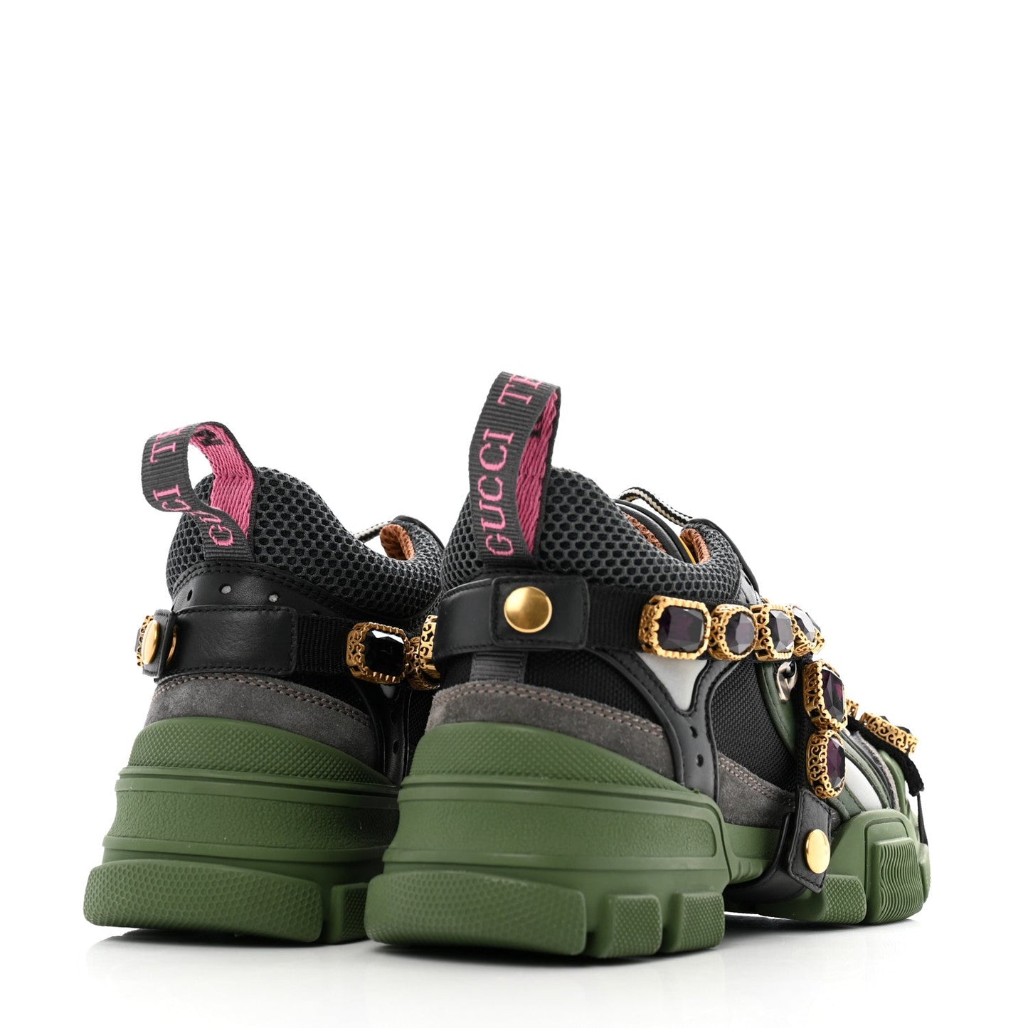 Gucci X SEGA Mesh Suede Calfskin Removable Crystals Flashtrek Sneakers 35.5 Loess Black Olive Green