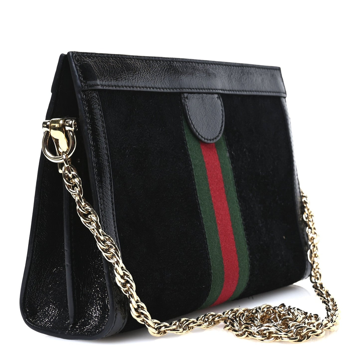 Gucci Suede Patent GG Web Small Ophidia Chain Shoulder Bag Black