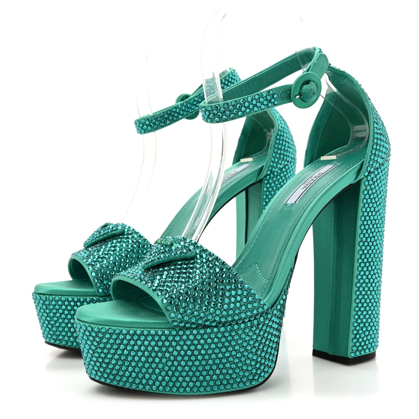 Prada Satin Crystal Triangle Logo 40/135mm Platform Sandals 38 Mango