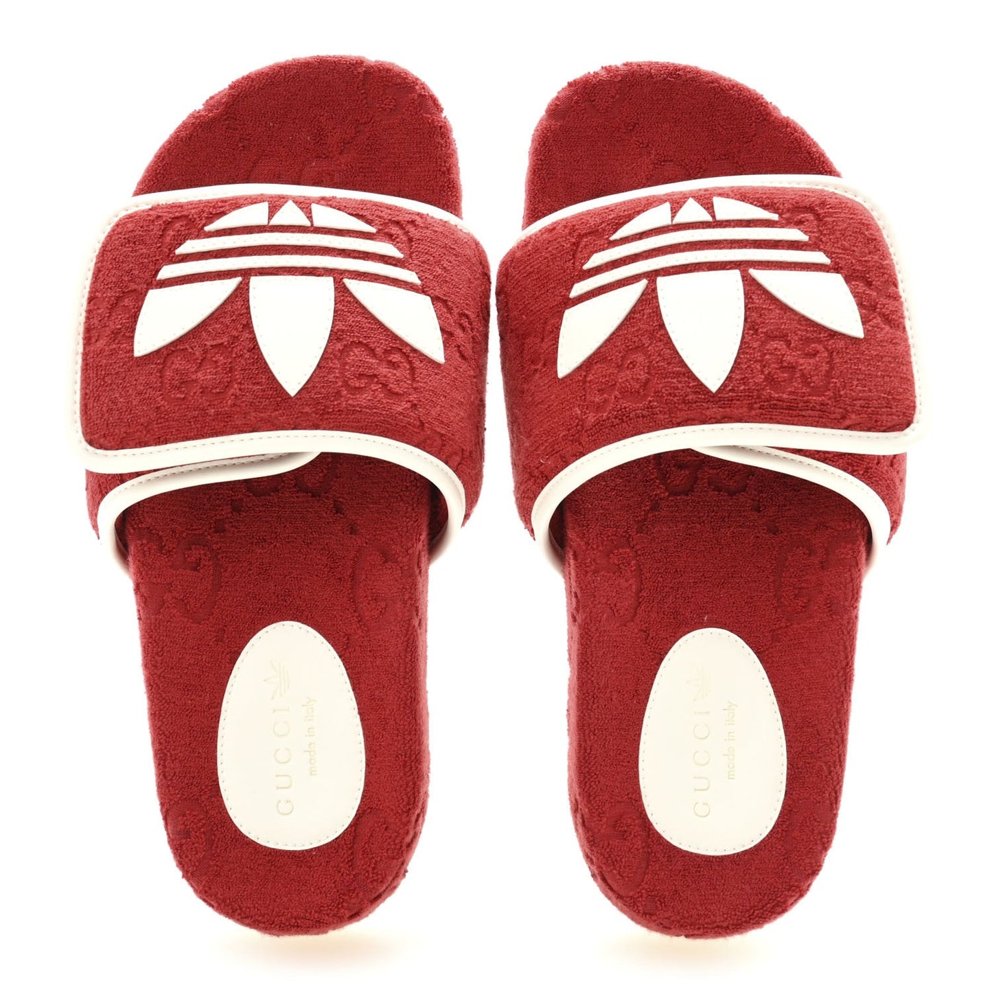 Gucci X ADIDAS Terry Cloth Trefoil GG Monogram Womens Platform Sandals 38 Maple Red Off White