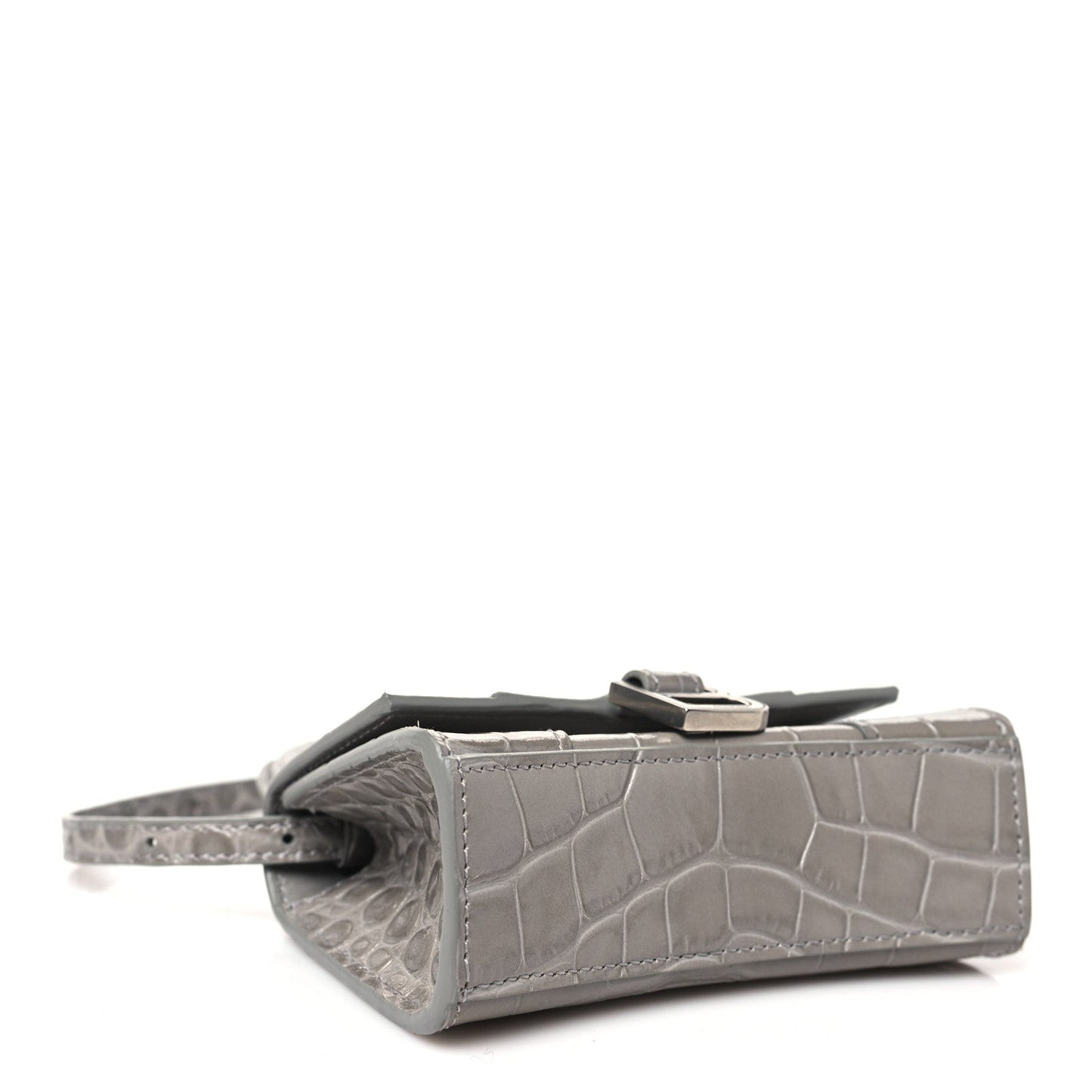 Balenciaga Shiny Calfskin Crocodile Embossed Hourglass Top Handle Bag Mini Steel Grey