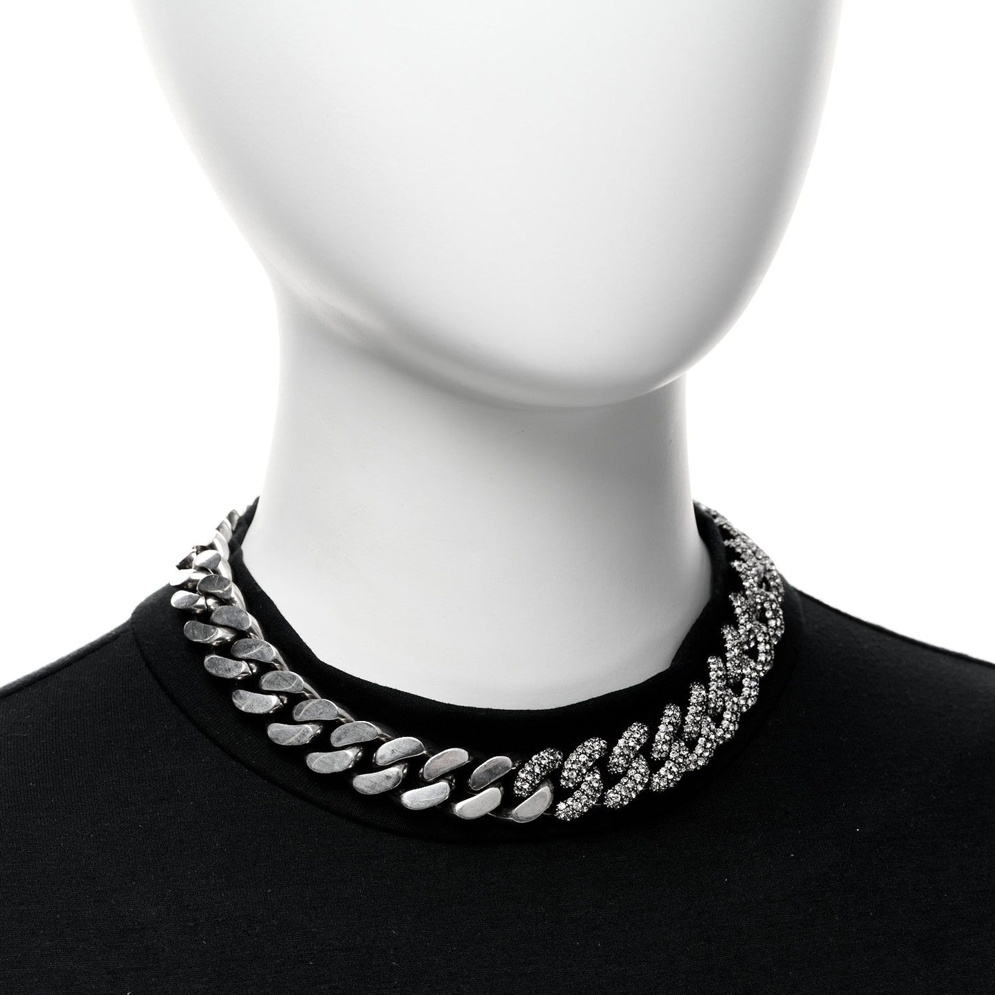 Saint Laurent Crystal Curb Chain Necklace Oxidized Silver