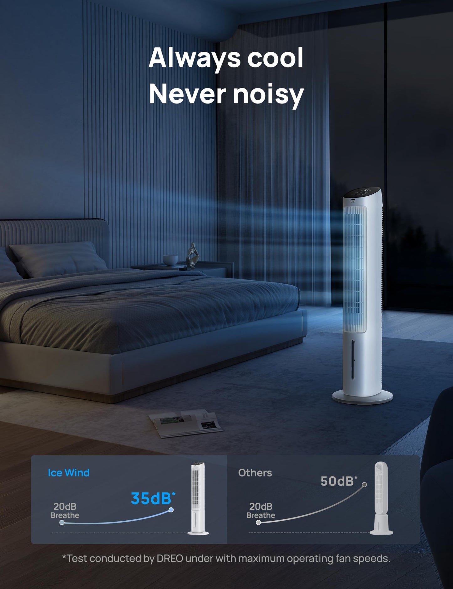 DREO 40“ Evaporative Air Cooler, 35dB Silent Cooling Fan that Blow Cold Air, 80° Oscillating Bladeless Tower Fan for Bedroom, Removable Water Tank, Ice Packs, Remote Control, 4 Speed, 7H Timer, White