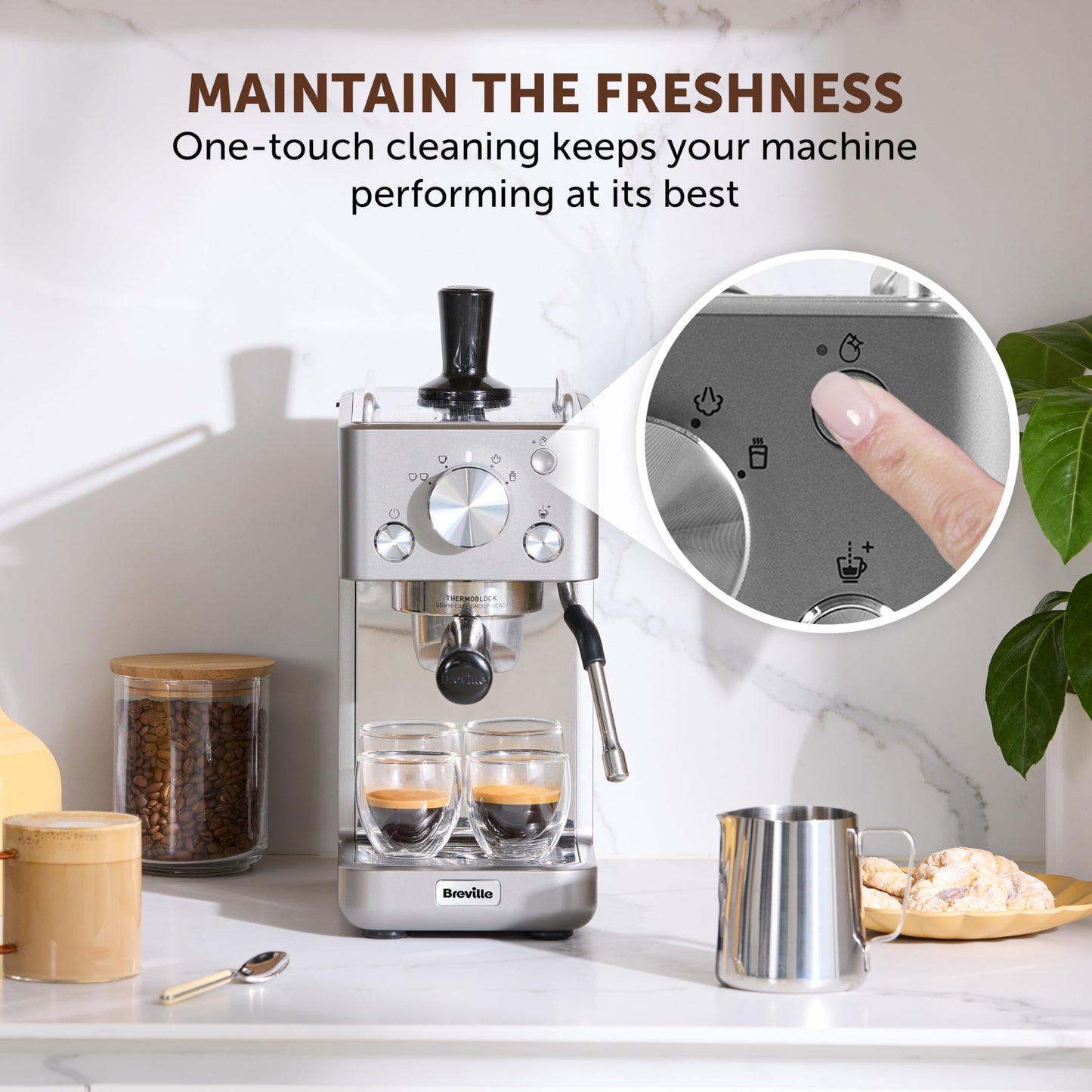 Breville Barista Slimline Espresso Machine | Integrated Milk Frother | Compact Coffee Maker for CappuccinosLattes & More | 15 Bar Pump | Silver [VCF185]