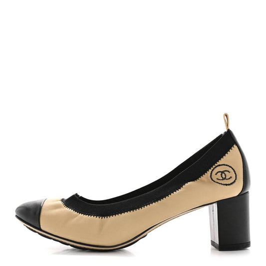 Chanel Lambskin CC Elastic Stretch Pumps 38 Beige Black