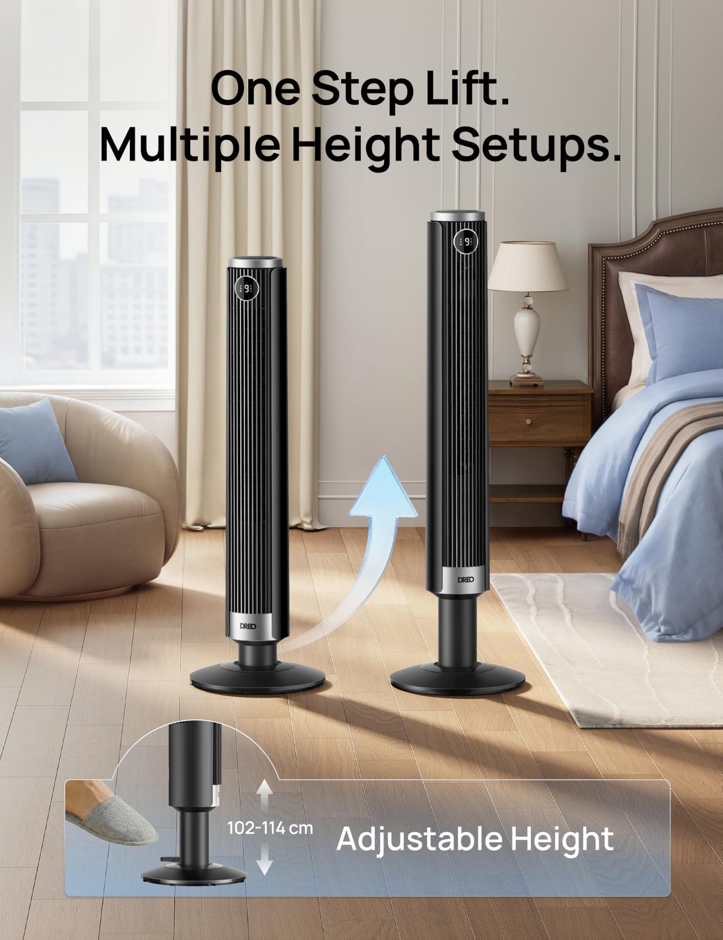 DREO Smart 40"-45" Tower Fan for Bedroom, Adjustable Height, 28 ft/s Velocity, DC Motor, 9 Speeds, 4 Modes, 90°Oscillating, Standing Fan, 20dB Quiet, 12H Timer for Home, Office, Google/Alexa, Black