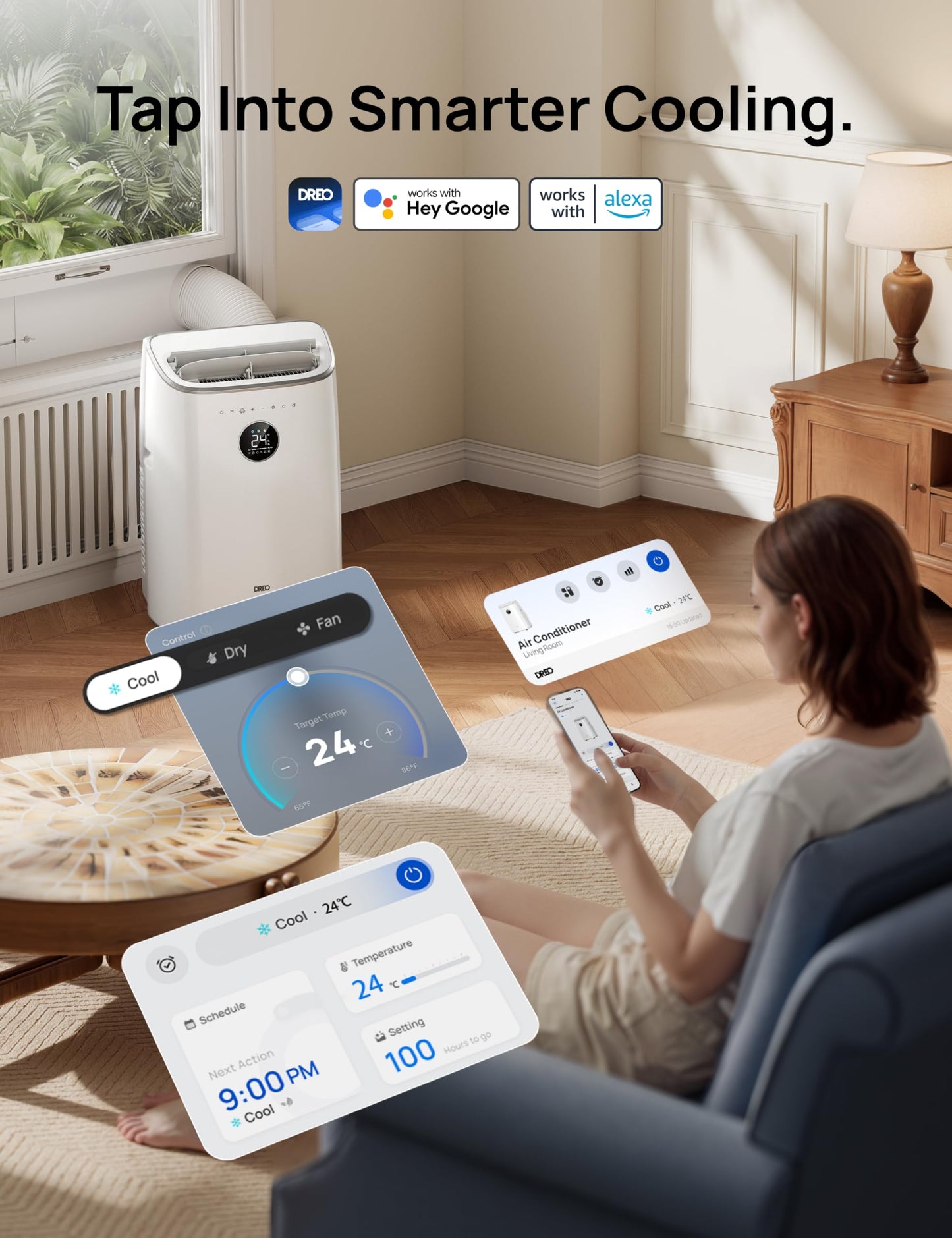 DREO 7500 BTU Portable Air Conditioner, 3-in-1 Cool/Fan/Dry Quiet AC Unit for Bedroom/Office, Smart App/Voice/Remote Control, Drainage-Free, Universal Window Kit, 2.5L/H Dehumidification, AC318S