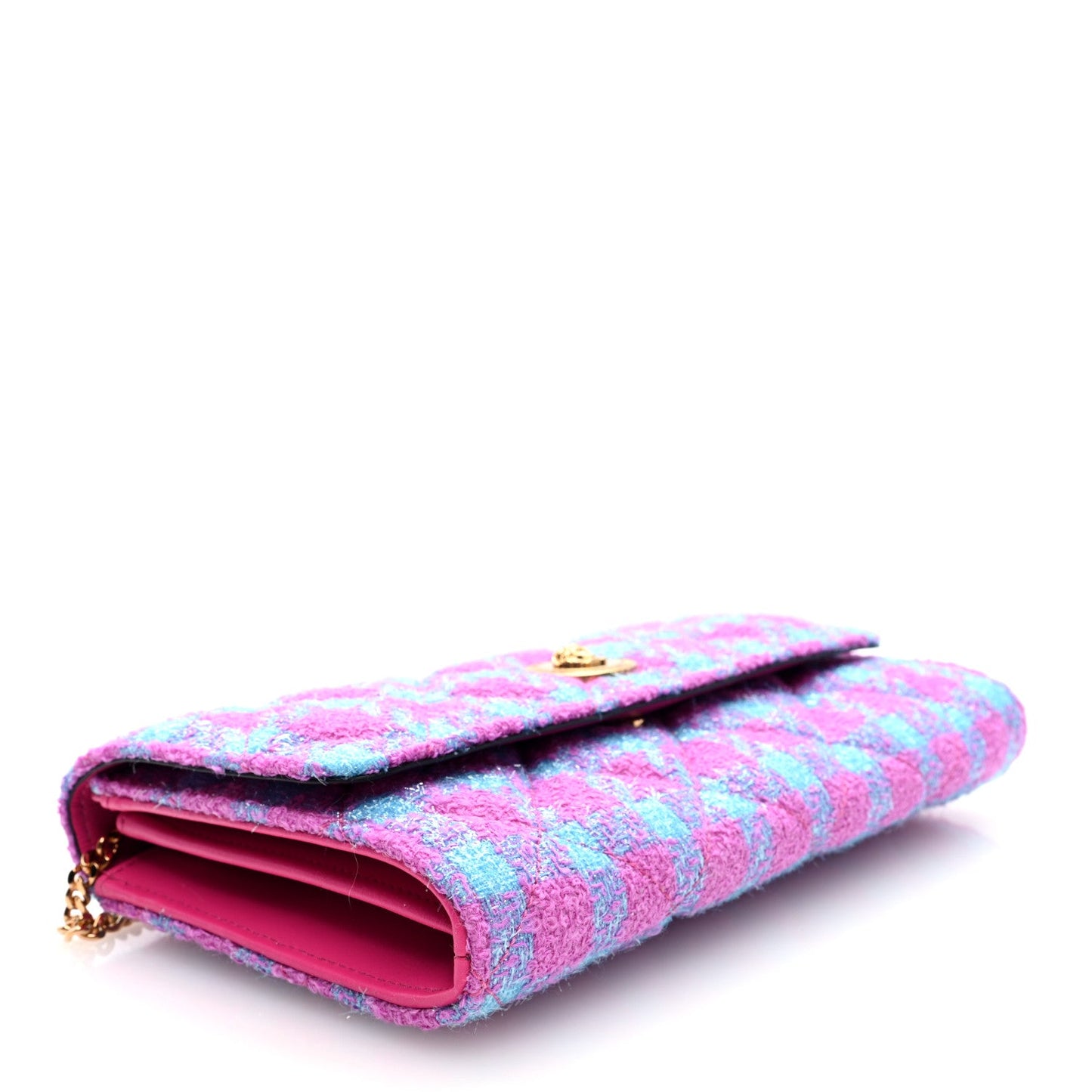 Versace Tweed Quilted Medusa Wallet on Chain Crossbody Pink Blue