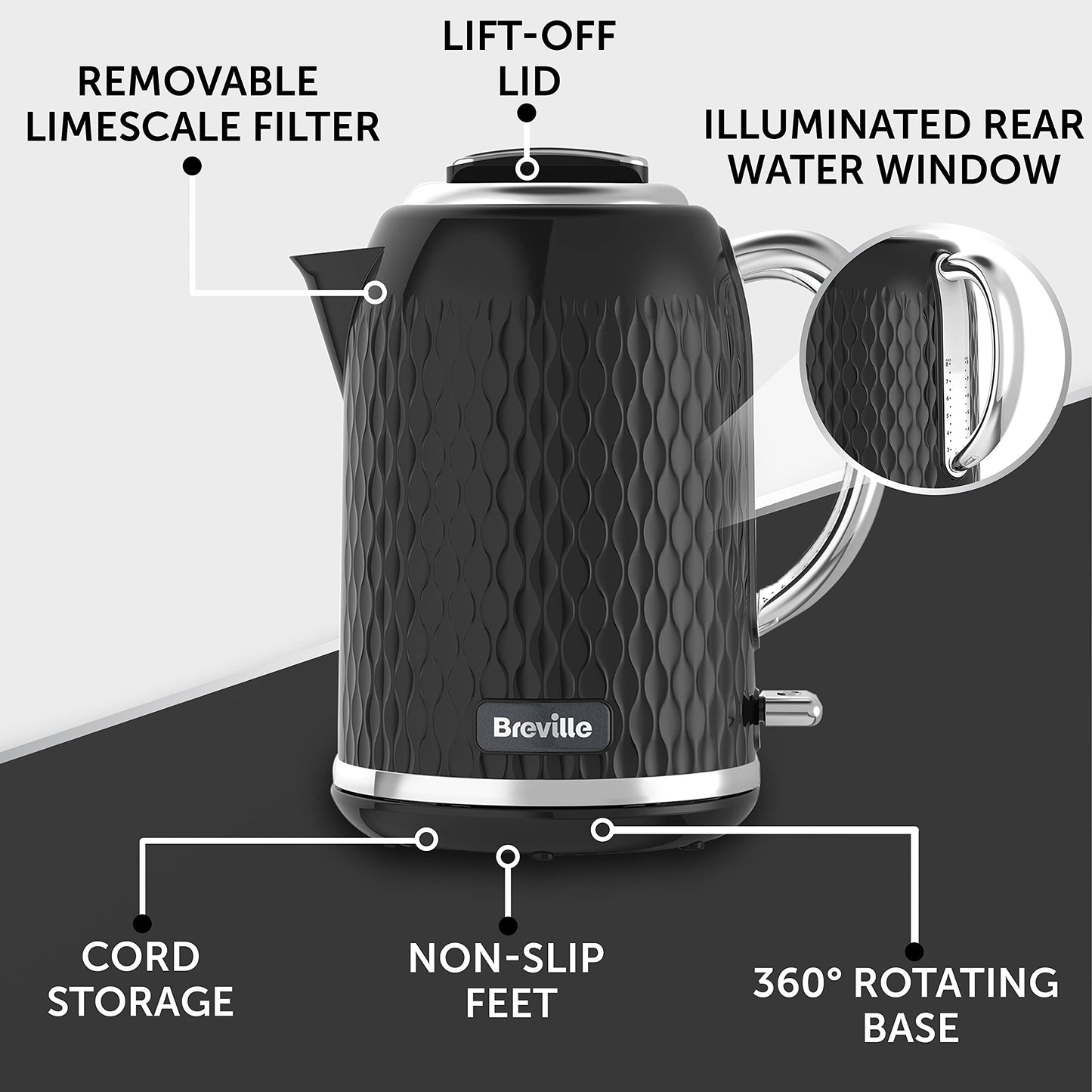 Breville Curve Electric Kettle | 1.7 Litre | 3KW Fast Boil | Black & Chrome [VKT017]