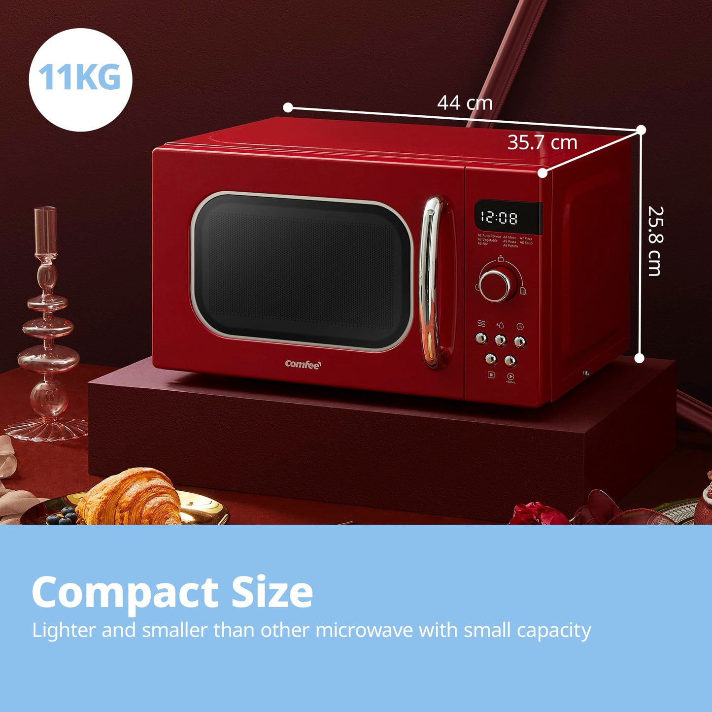 COMFEE' Retro Style 800w 20L Microwave Oven with 8 Auto Menus, 5 Cooking Power Levels, and Express Cook Button - Passionate Red - CM-M202RAF(RD)