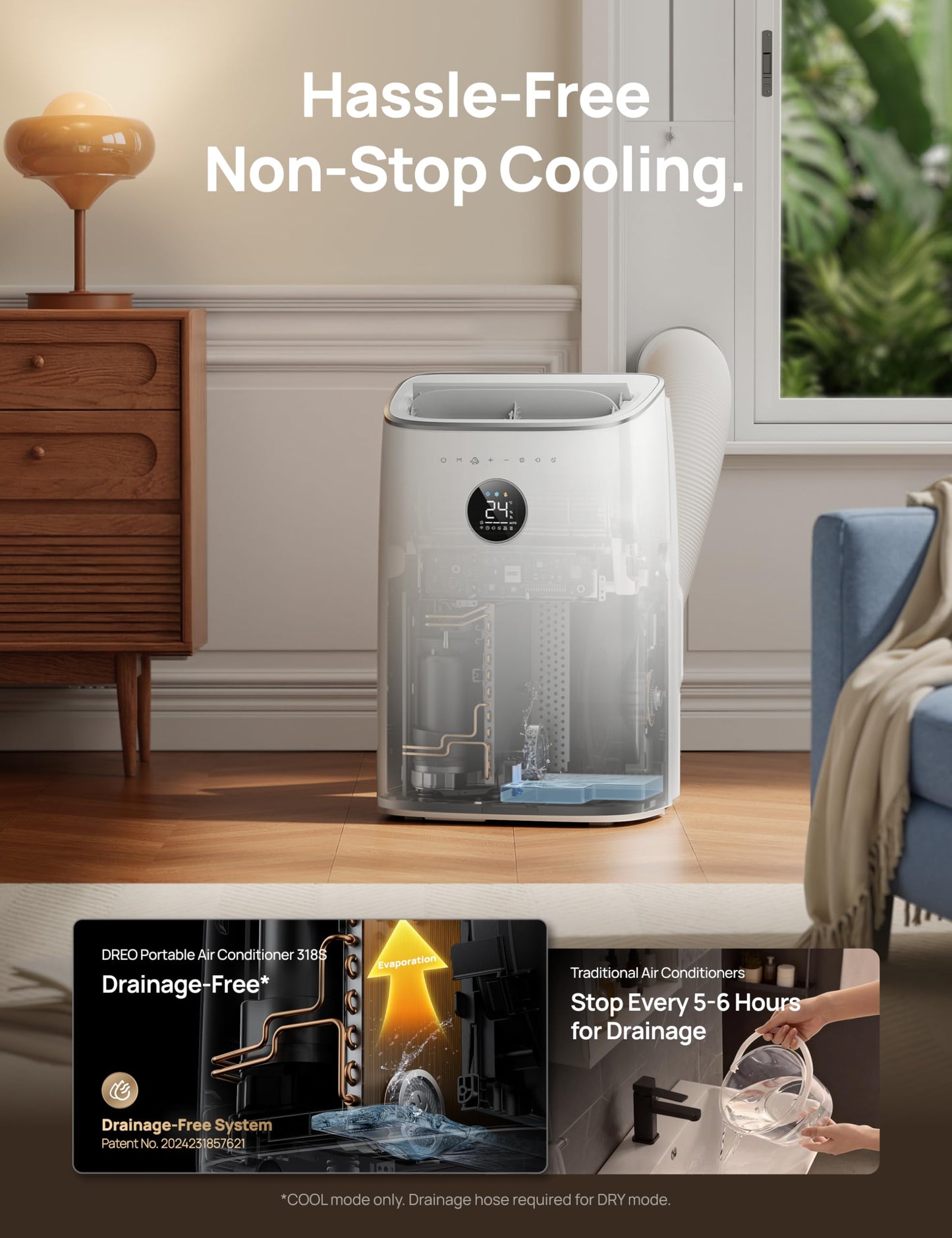 DREO 7500 BTU Portable Air Conditioner, 3-in-1 Cool/Fan/Dry Quiet AC Unit for Bedroom/Office, Smart App/Voice/Remote Control, Drainage-Free, Universal Window Kit, 2.5L/H Dehumidification, AC318S