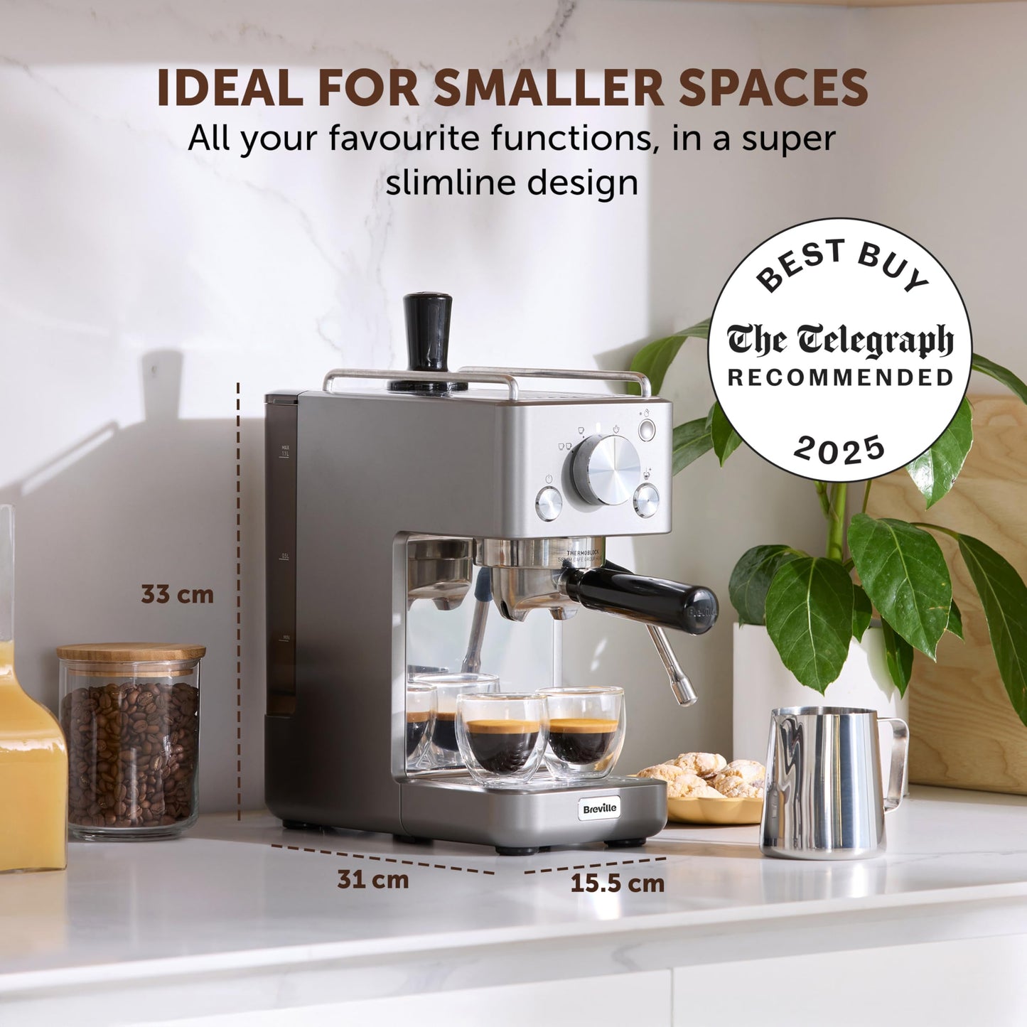 Breville Barista Slimline Espresso Machine | Integrated Milk Frother | Compact Coffee Maker for CappuccinosLattes & More | 15 Bar Pump | Silver [VCF185]