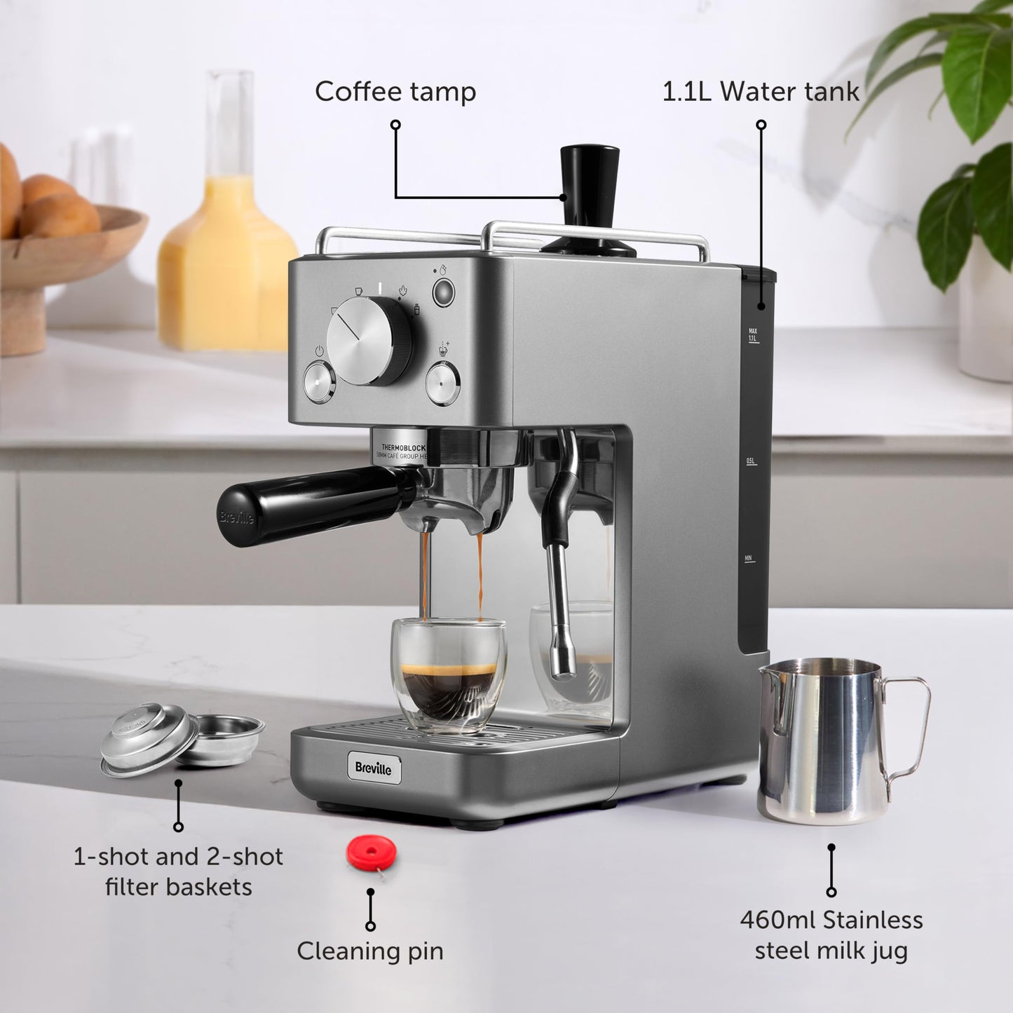 Breville Barista Slimline Espresso Machine | Integrated Milk Frother | Compact Coffee Maker for CappuccinosLattes & More | 15 Bar Pump | Silver [VCF185]