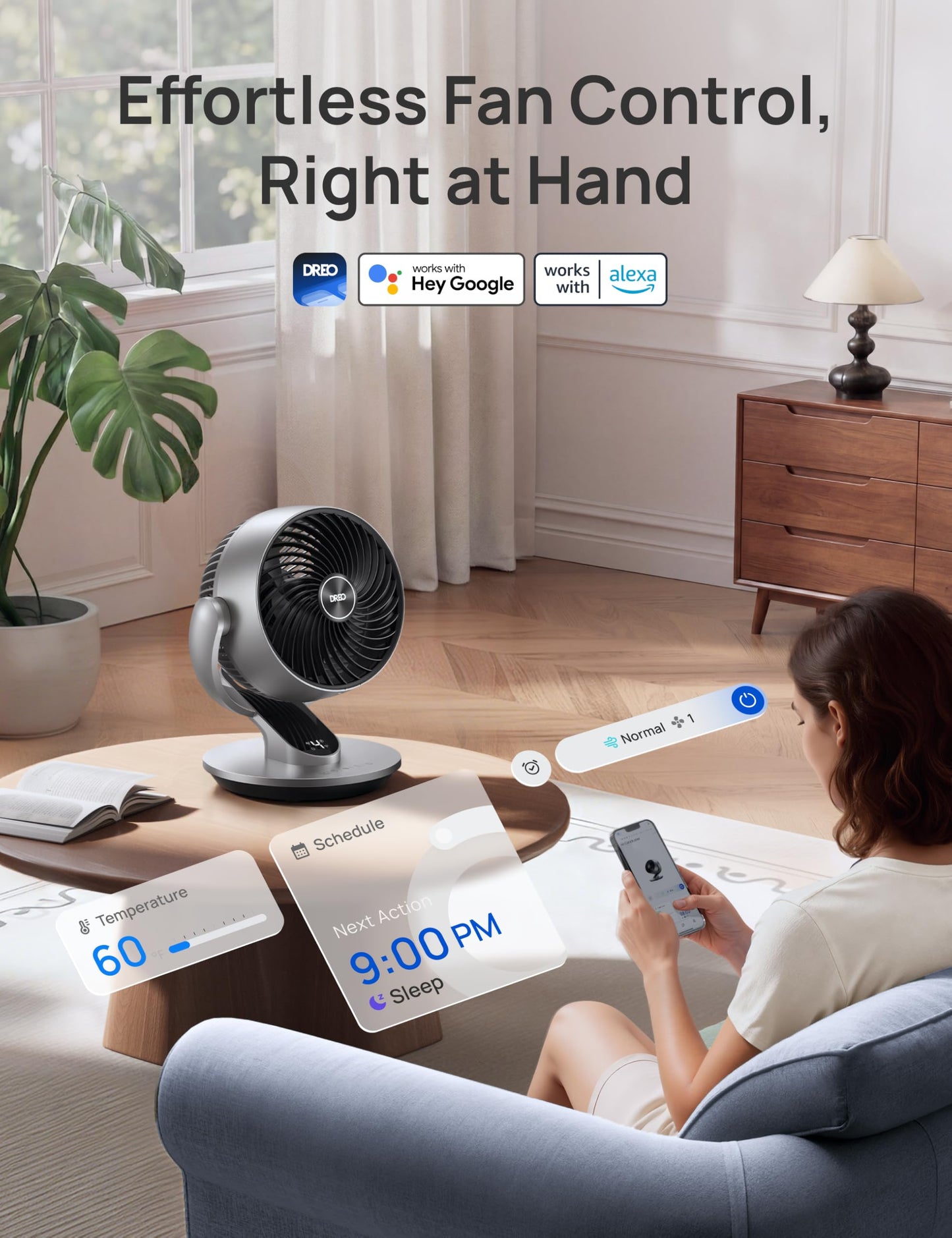 DREO Smart Table Fan for Bedroom, 28dB Silent Air Circulator Fan with Remote, 7 Inch Diameter Cooling Quiet Desk Fan, 120° Vertical Manual+90° Horizontal Oscillating, 4 Speeds, 5 Modes, 12H Timer
