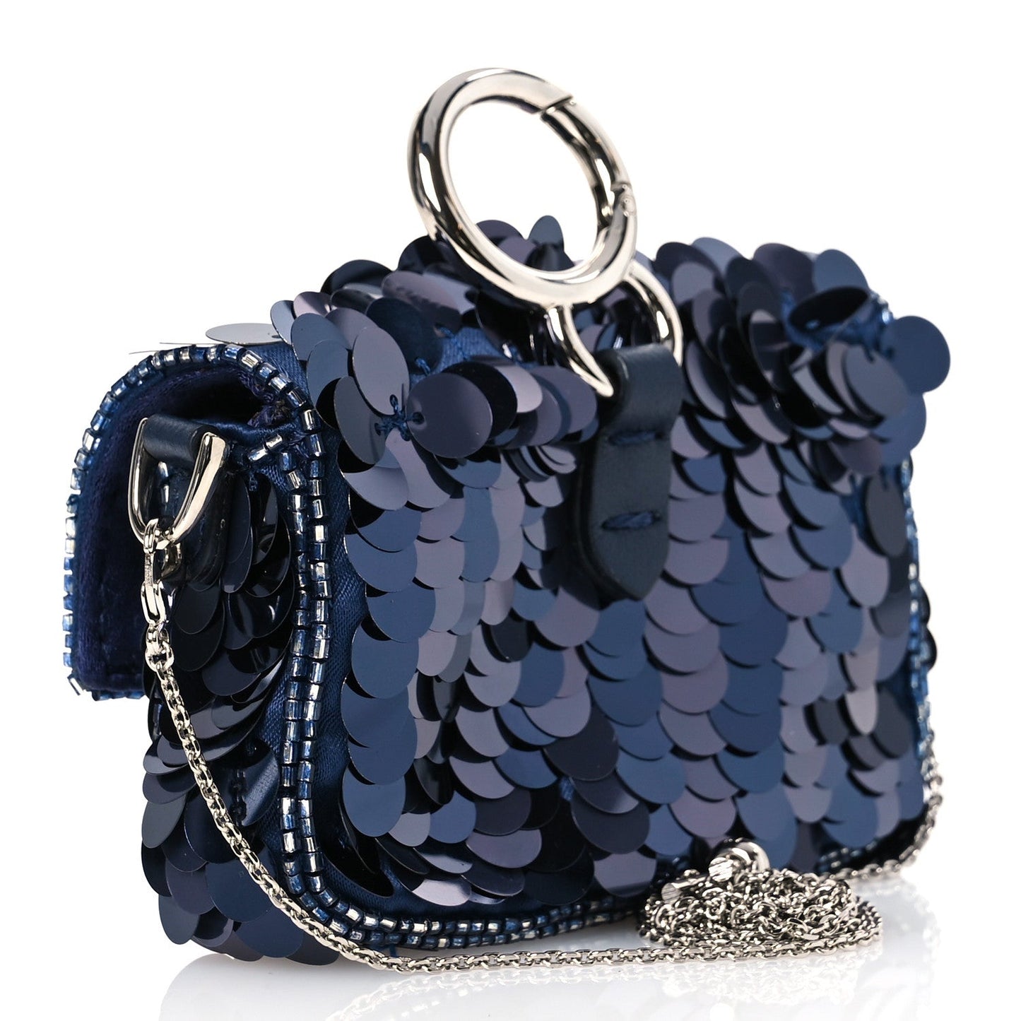 Fendi Sequin Paillettes Shiny Nappa Sex and the City Nano Maxi Buckle Baguette Charm Blue