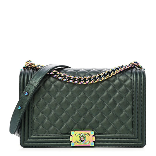 Chanel Iridescent Goatskin Quilted New Medium Boy Flap Green
