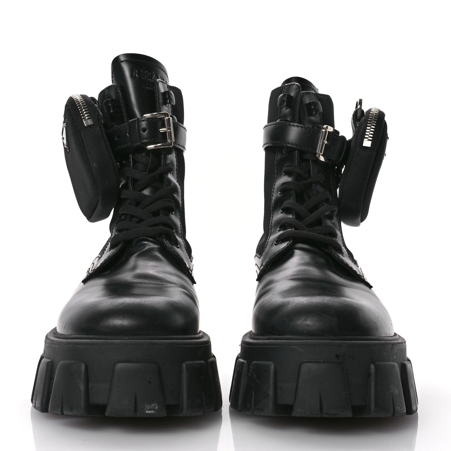 Prada Spazzolato Rois Nylon Metal Triangle Logo Monolith Pouch Pocket 55mm Boots 38.5 Black