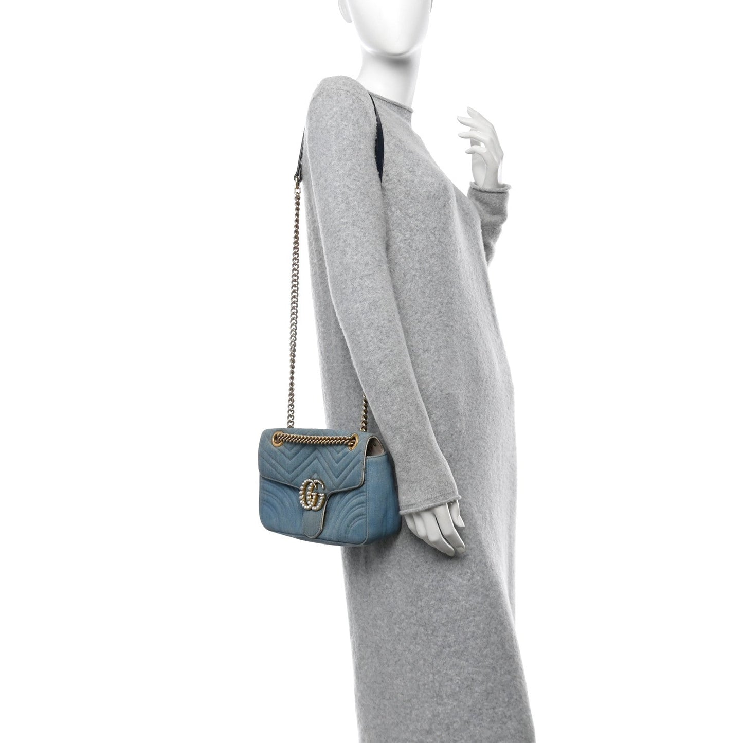 Gucci Denim Matelasse Small Pearly GG Marmont Shoulder Bag Blue