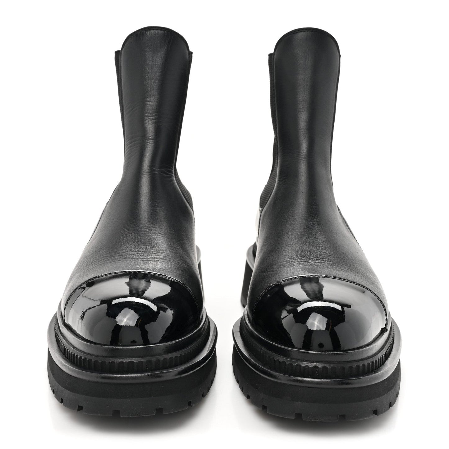 Chanel Calfskin Patent Cap Toe Ankle Boots 37.5 Black