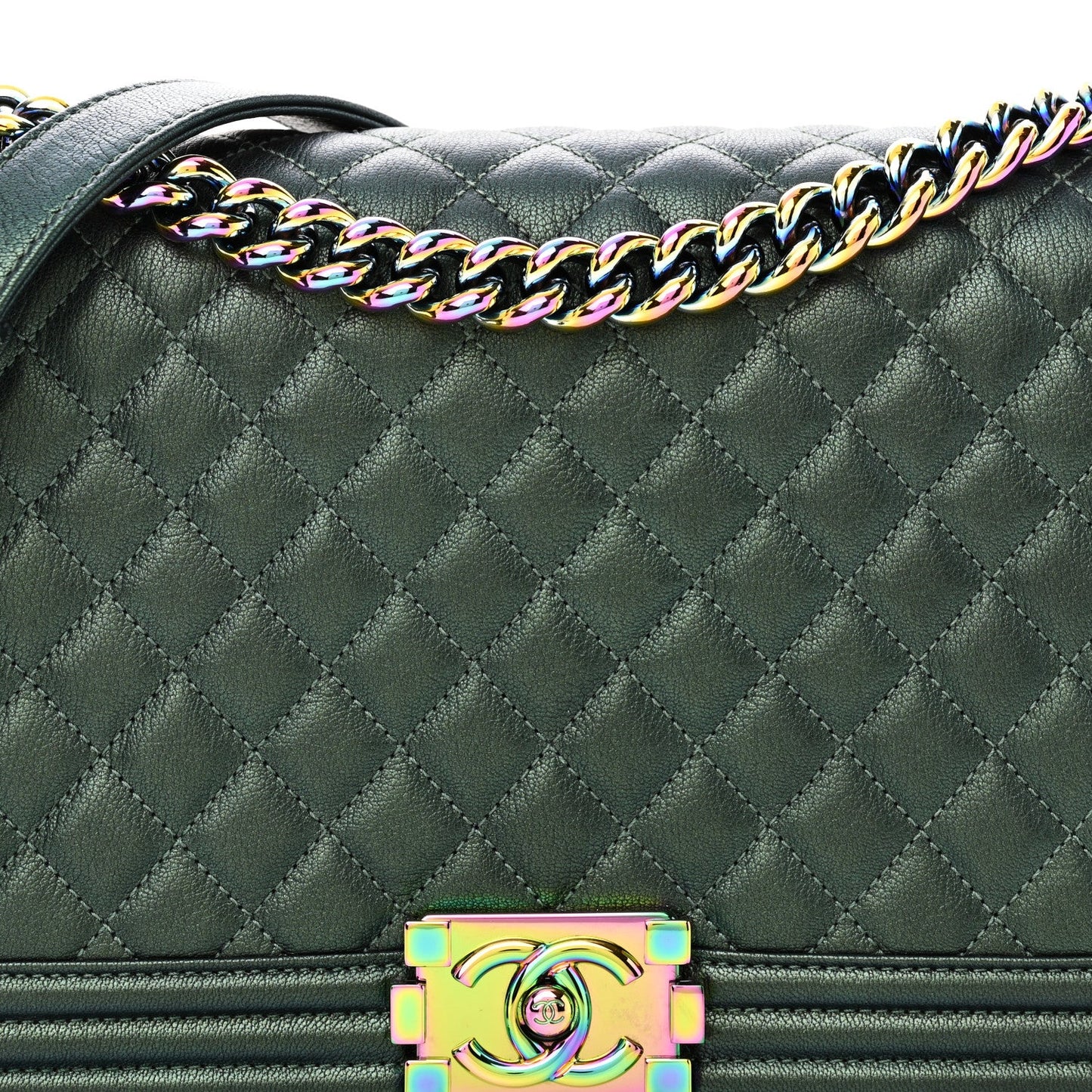 Chanel Iridescent Goatskin Quilted New Medium Boy Flap Green