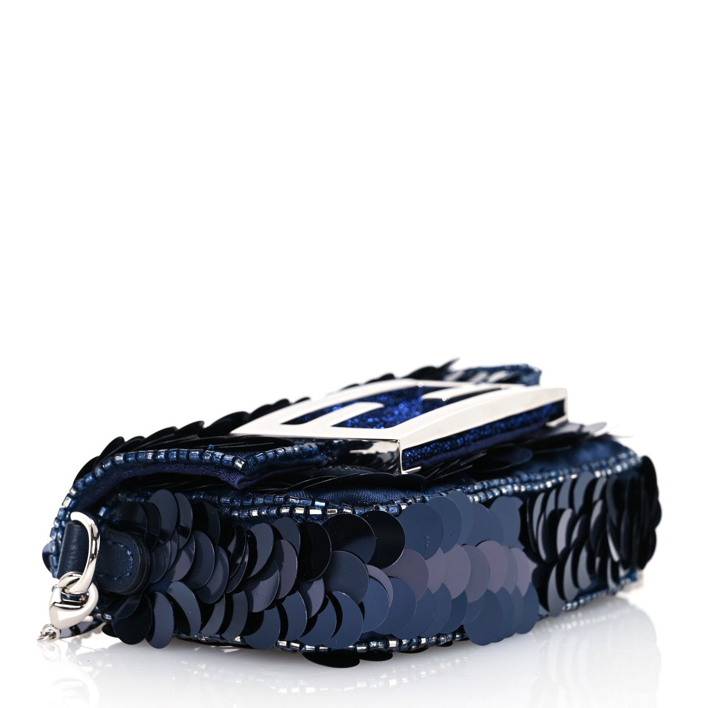 Fendi Sequin Paillettes Shiny Nappa Sex and the City Nano Maxi Buckle Baguette Charm Blue