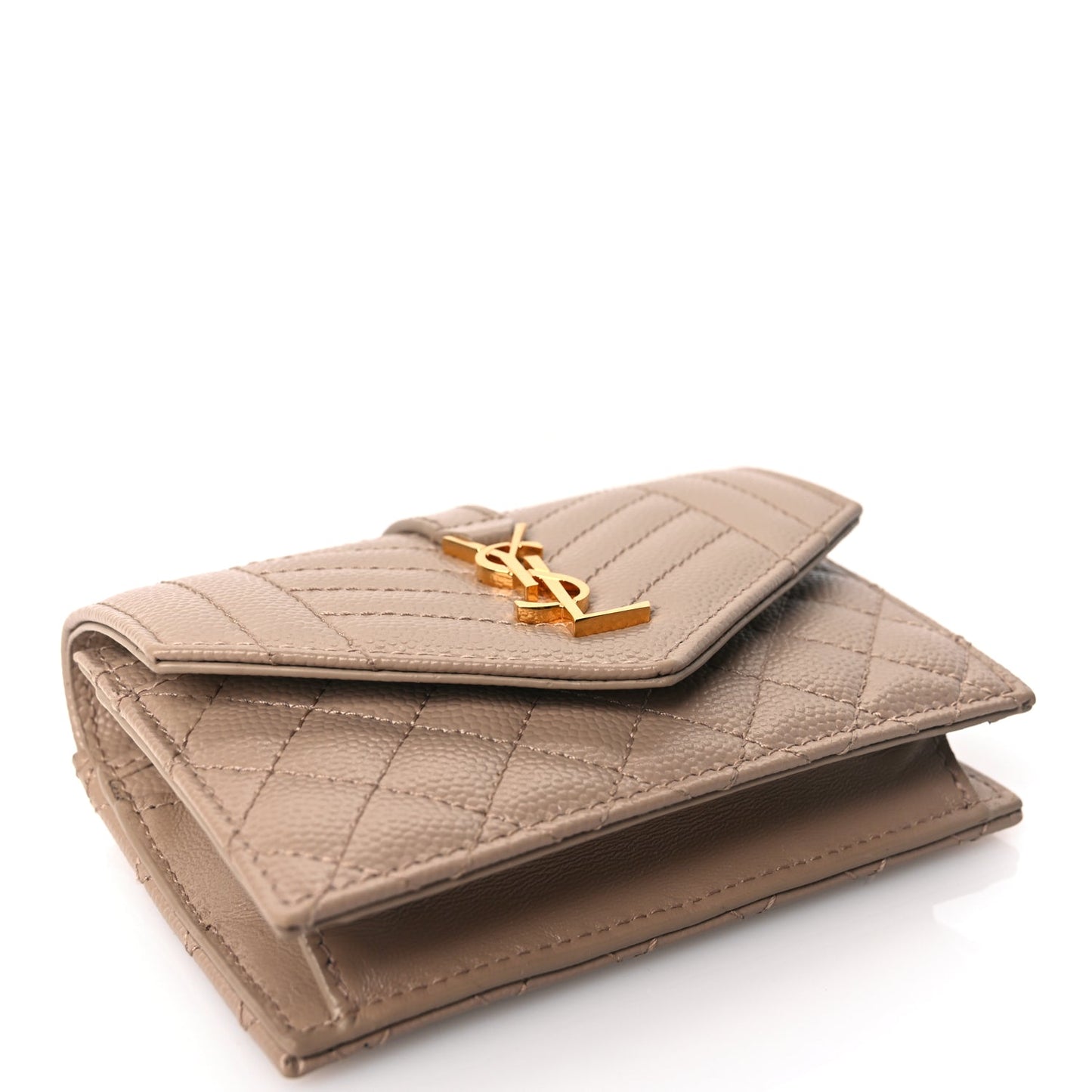 Saint Laurent Grain De Poudre Mixed Matelasse Triquilt Monogram Compact Tri Fold Wallet Dark Beige
