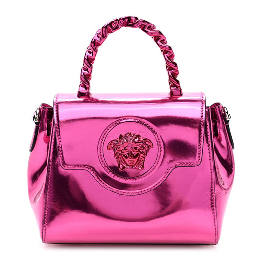 Versace Patent Calfskin Mini La Medusa Chain Top Handle Bag Fuchsia