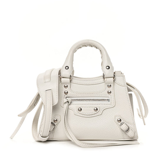 Balenciaga Grained Calfskin Neo Classic Silver Hardware Nano City Crossbody White