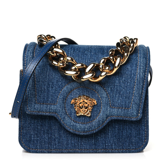 Versace Denim La Medusa Chain Shoulder Bag Navy Blue