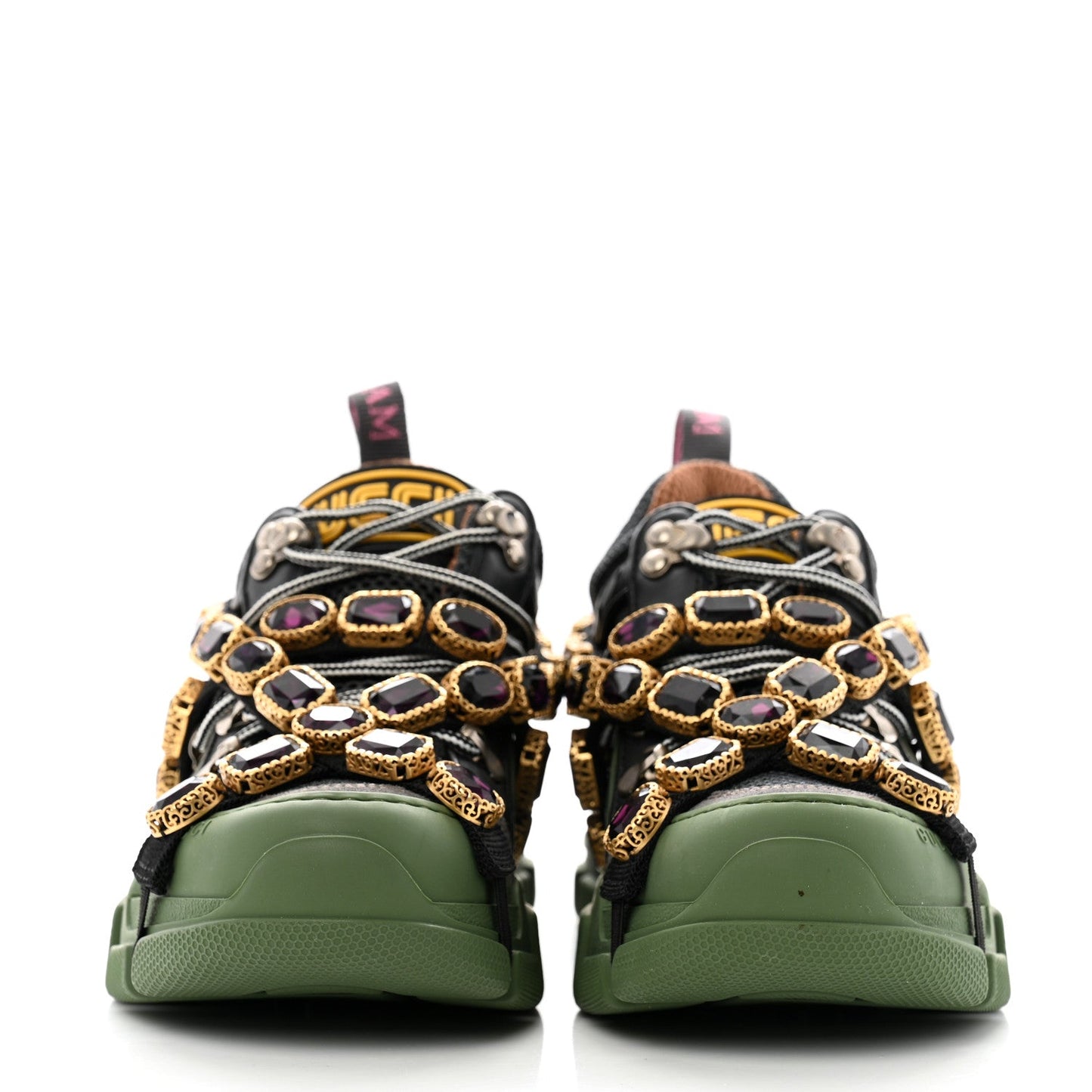 Gucci X SEGA Mesh Suede Calfskin Removable Crystals Flashtrek Sneakers 35.5 Loess Black Olive Green