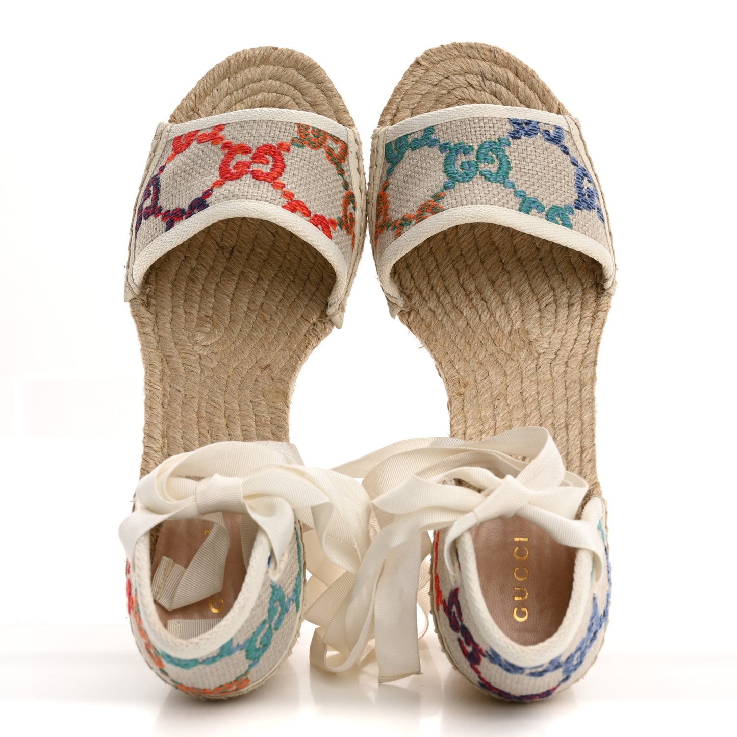 Gucci Linen Psychedelic Mini GG Monogram Ankle Wrap Platform Espadrille Wedge Sandals 39 Multicolor Mystic White
