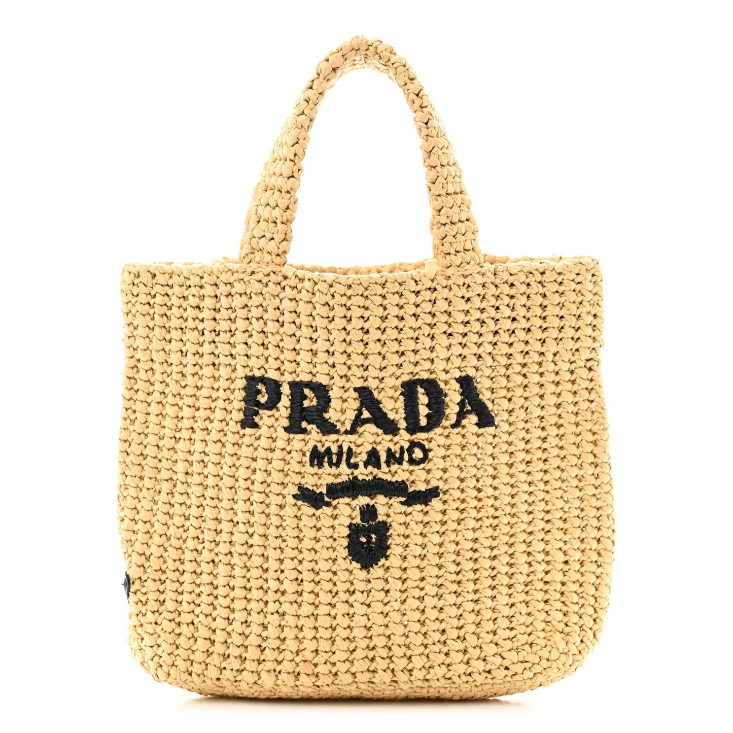 Prada Yarn Raffia Effect Crochet Embroidered Small Logo Tote Naturale