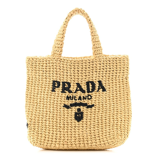Prada Yarn Raffia Effect Crochet Embroidered Small Logo Tote Naturale