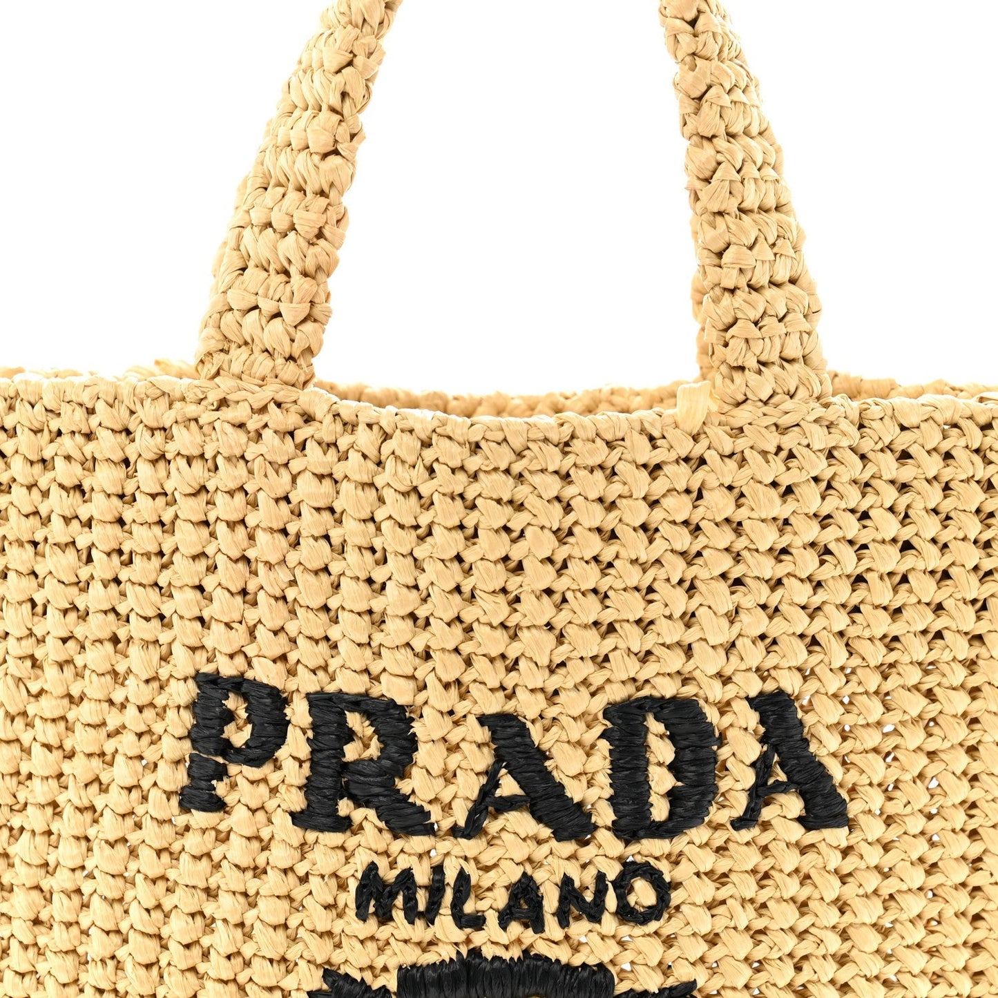 Prada Yarn Raffia Effect Crochet Embroidered Small Logo Tote Naturale