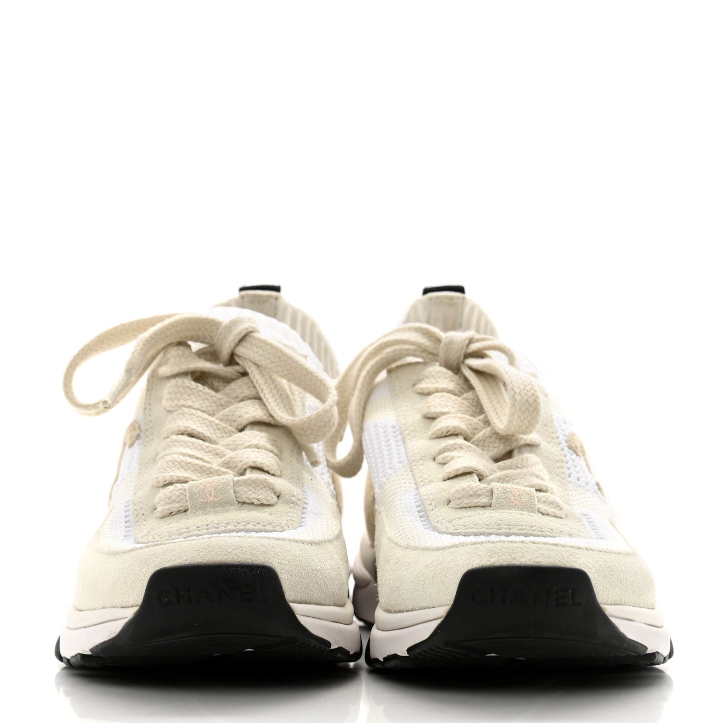 Chanel Mesh Suede Fabric Womens CC Sneakers 36 White Ivory Light Beige