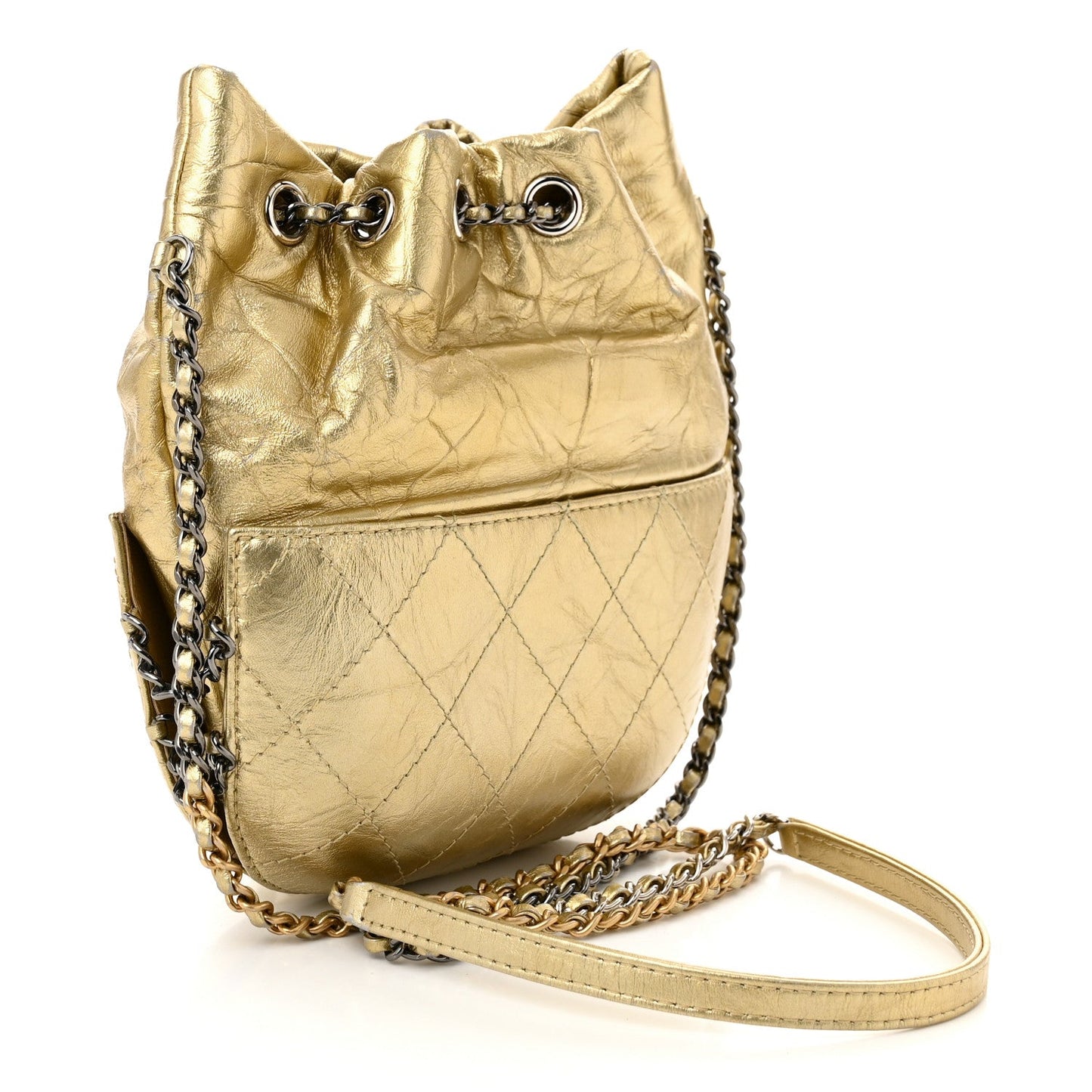 Chanel Metallic Aged Calfskin Quilted Small Gabrielle Bucket Gold