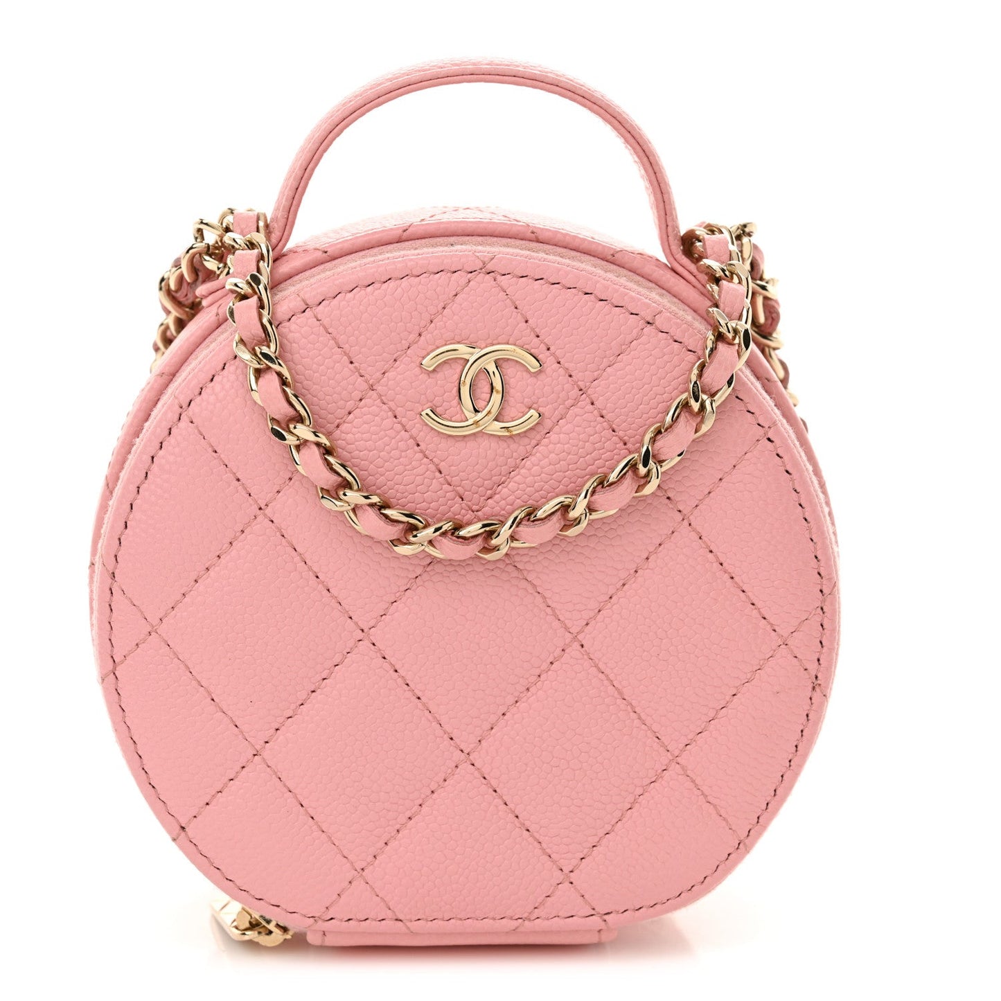 Chanel Caviar Quilted Round Handle With Care Vanity With Chain Pink