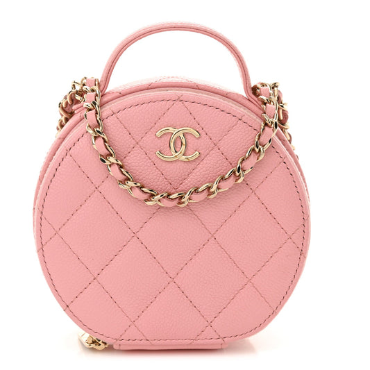 Chanel Caviar Quilted Round Handle With Care Vanity With Chain Pink