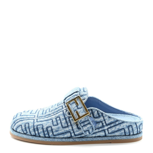 Fendi Denim Jacquard FF Womens Feel Buckled Mules 35 Blue