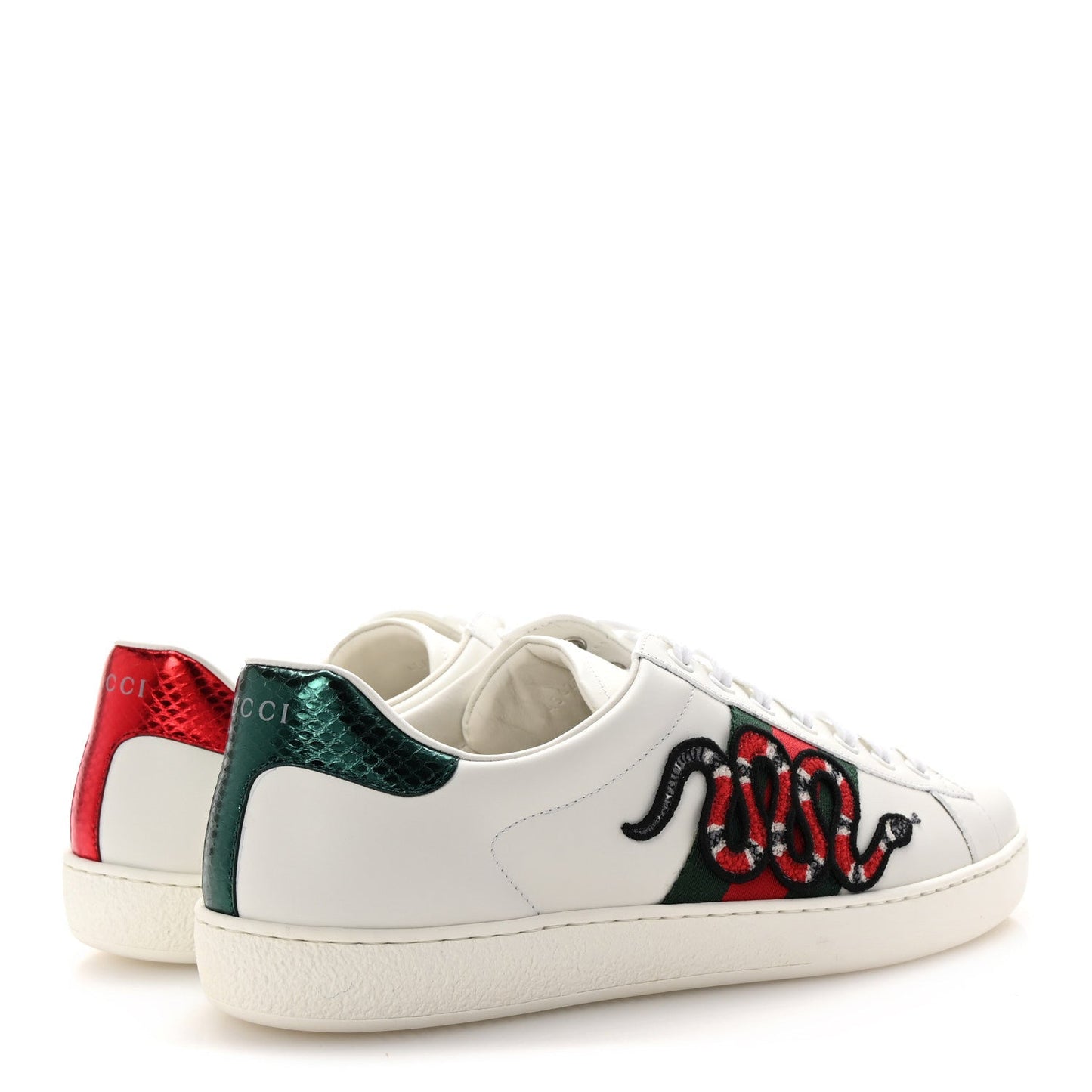 Gucci Calfskin Ayers Kingsnake Embroidered Mens Ace Sneakers 8 Green Red
