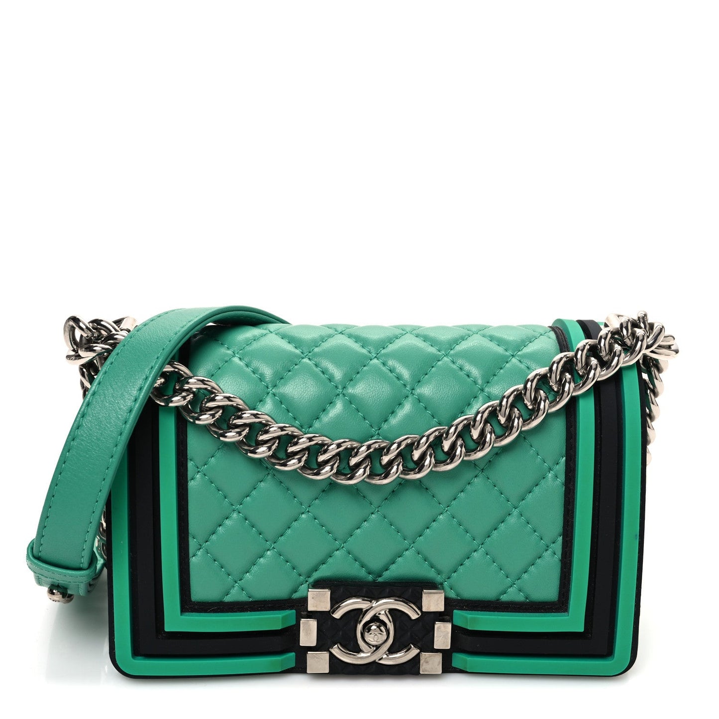 Chanel Lambskin Rubber Quilted Small Tone Boy Flap Green Black