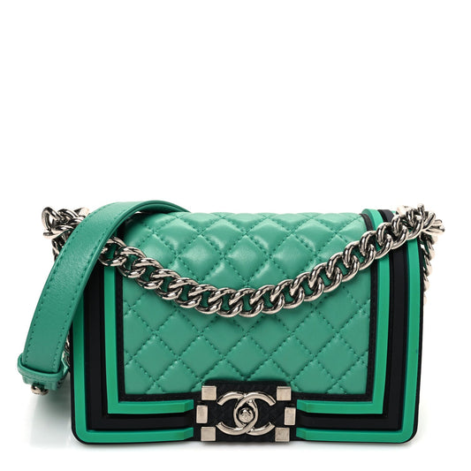Chanel Lambskin Rubber Quilted Small Tone Boy Flap Green Black