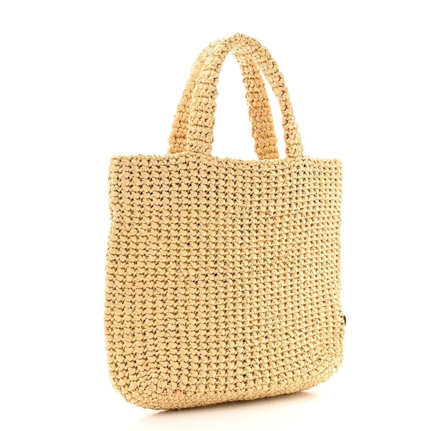Prada Yarn Raffia Effect Crochet Embroidered Small Logo Tote Naturale