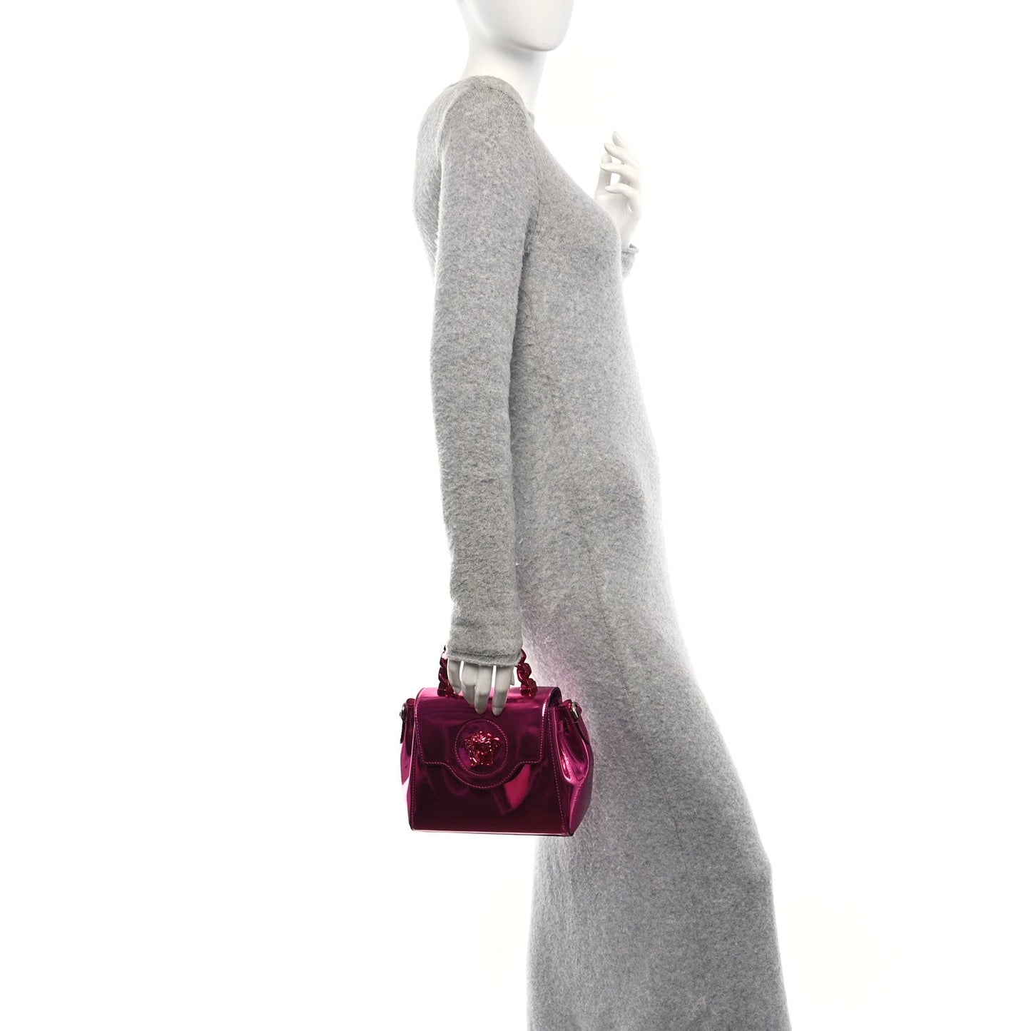 Versace Patent Calfskin Mini La Medusa Chain Top Handle Bag Fuchsia